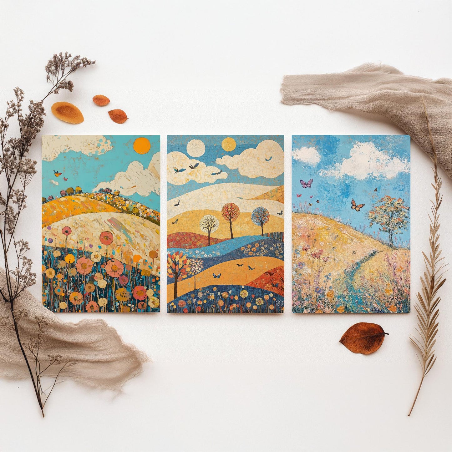 Rolling Hills Butterfly Set of Three Art Prints - Azure Clay and Blossom - Folk Meadow Poster Illustration Gift