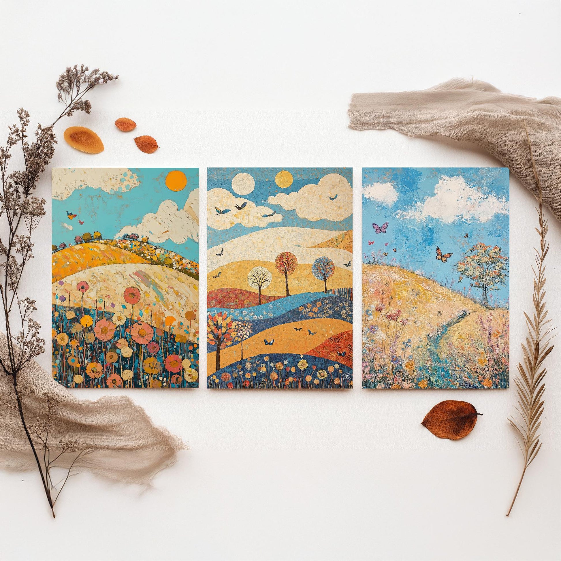 Rolling Hills Butterfly Set of Three Art Prints - Azure Clay and Blossom - Folk Meadow Poster Illustration Gift