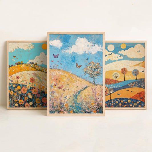 Rolling Hills Butterfly Set of Three Art Prints - Azure Clay and Blossom - Folk Meadow Poster Illustration Gift
