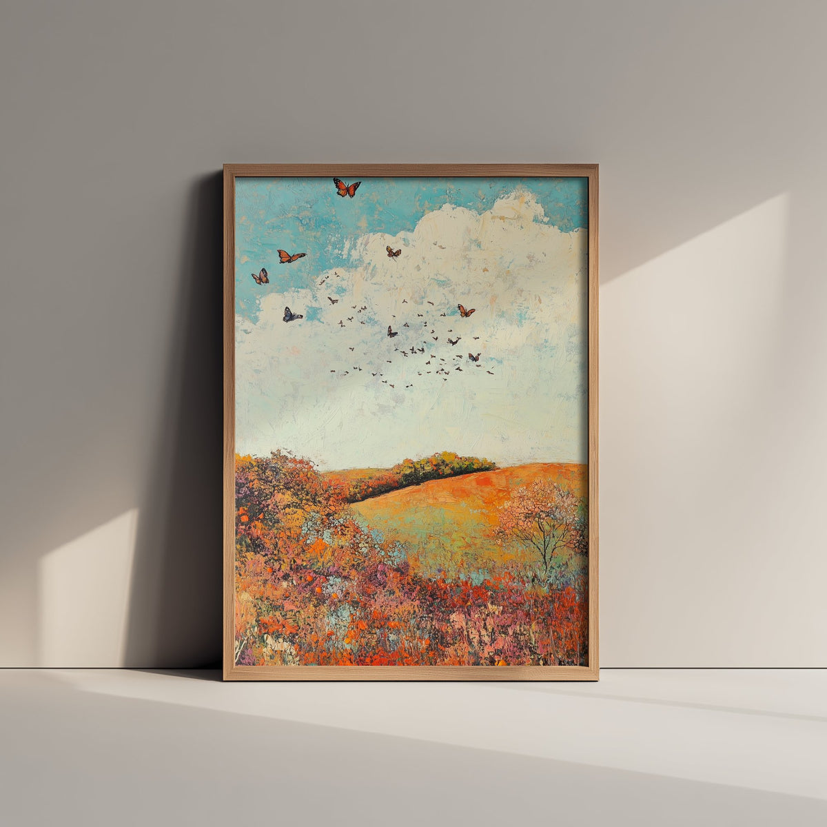 Rolling Hills Landscape Art Print - Butterfly Meadow Poster - Folk Art Painting - Basil Copper and Ice 1/3