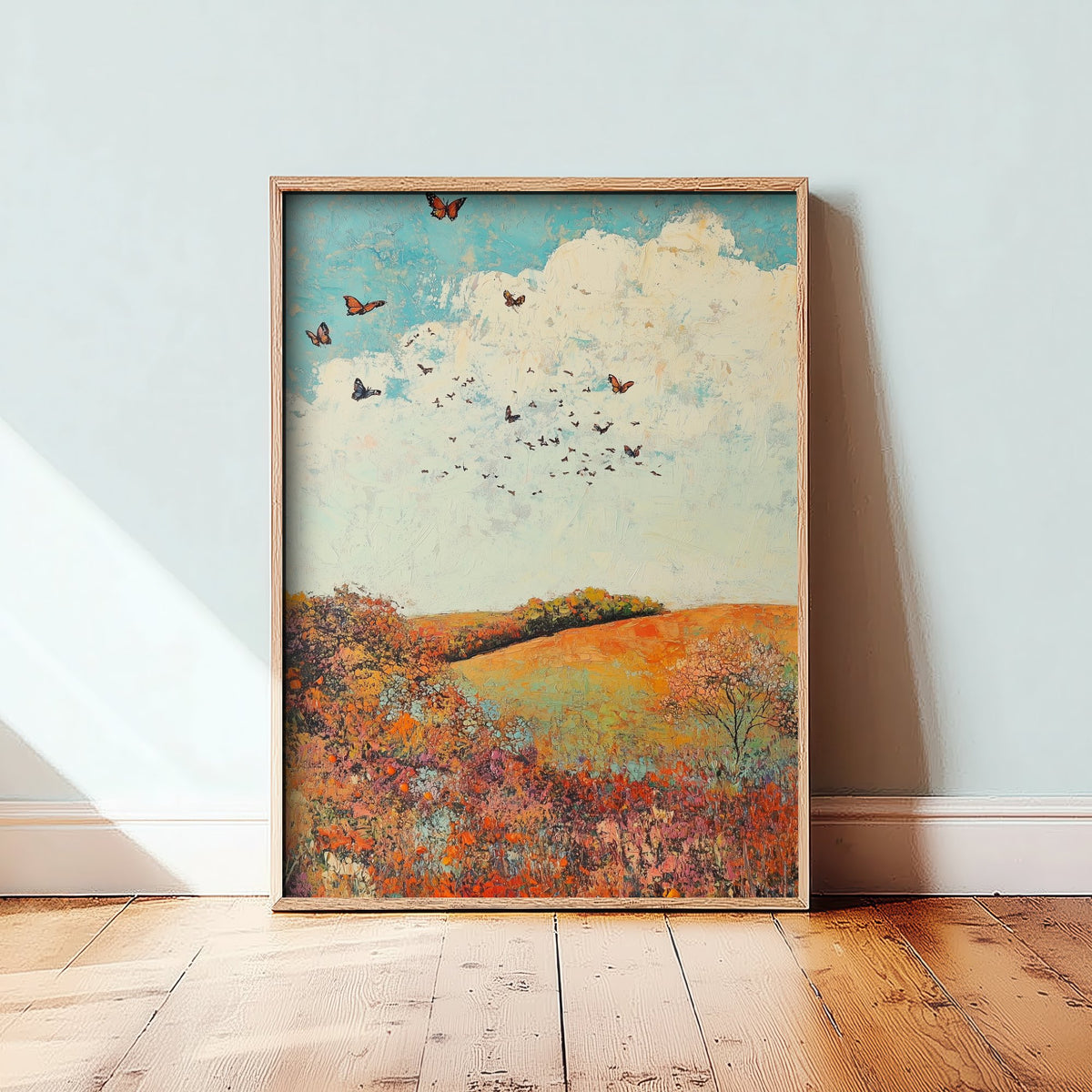 Rolling Hills Landscape Art Print - Butterfly Meadow Poster - Folk Art Painting - Basil Copper and Ice 1/3