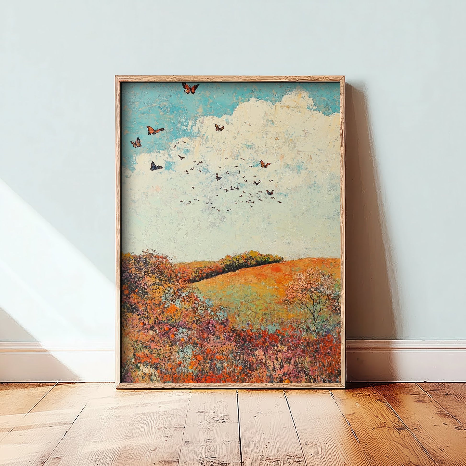 Rolling Hills Landscape Art Print - Butterfly Meadow Poster - Folk Art Painting - Basil Copper and Ice 1/3