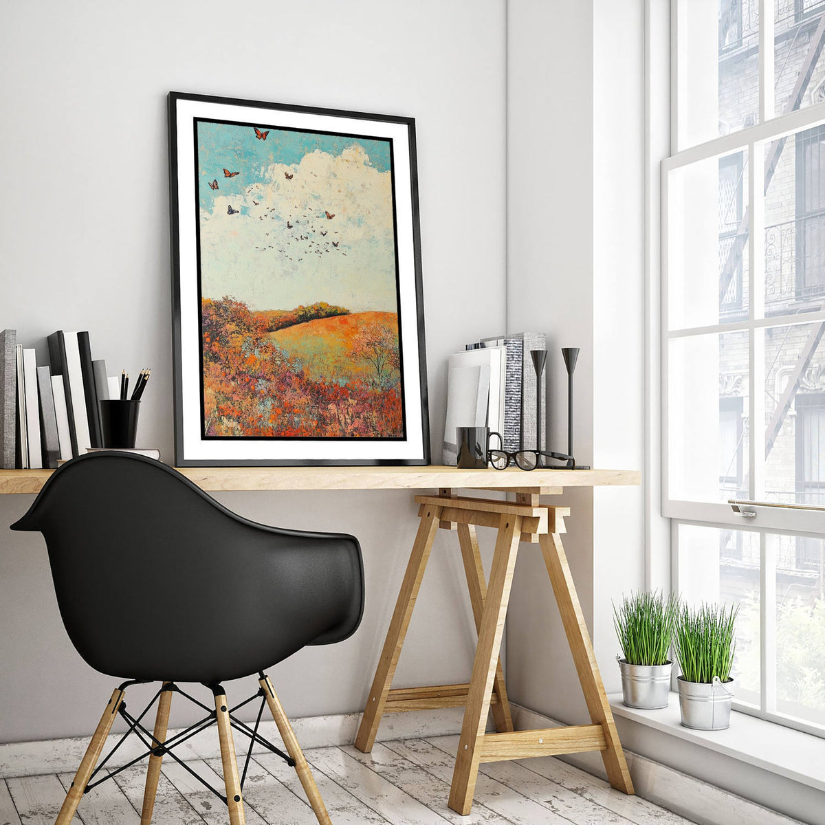 Rolling Hills Landscape Art Print - Butterfly Meadow Poster - Folk Art Painting - Basil Copper and Ice 1/3