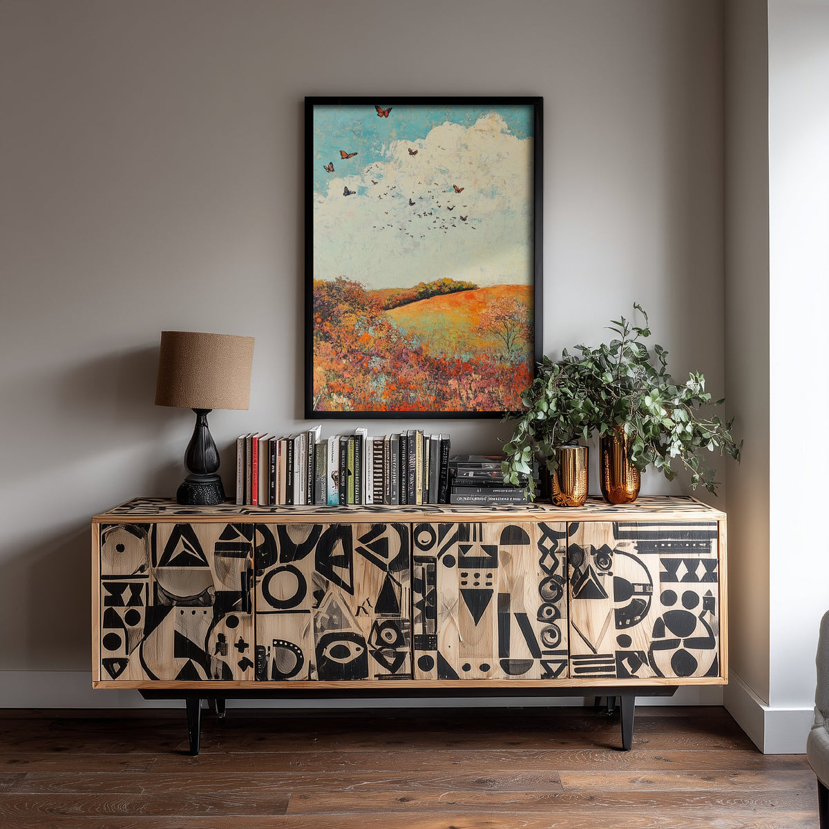 Rolling Hills Landscape Art Print - Butterfly Meadow Poster - Folk Art Painting - Basil Copper and Ice 1/3