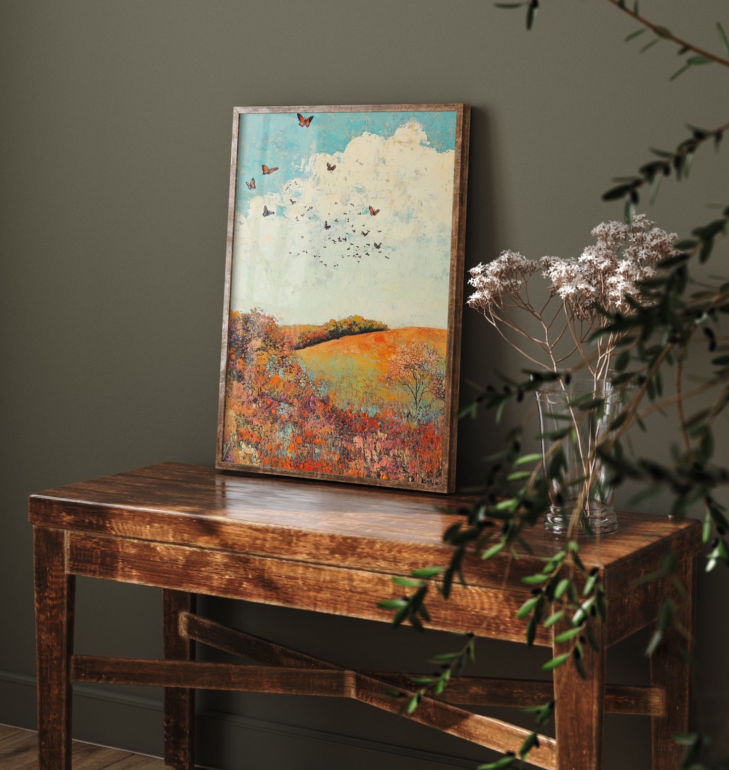 Rolling Hills Landscape Art Print - Butterfly Meadow Poster - Folk Art Painting - Basil Copper and Ice 1/3