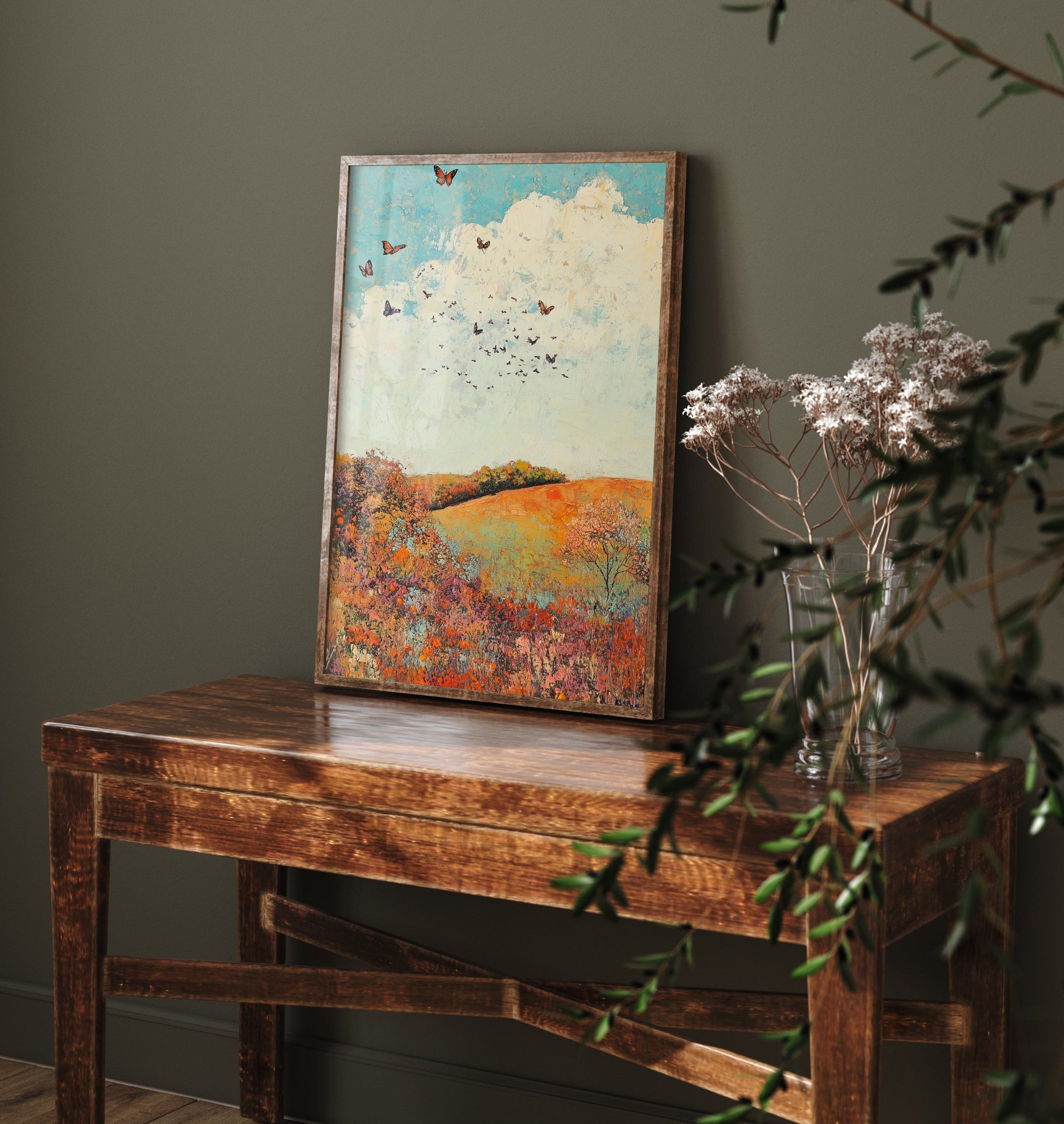 Rolling Hills Landscape Art Print - Butterfly Meadow Poster - Folk Art Painting - Basil Copper and Ice 1/3