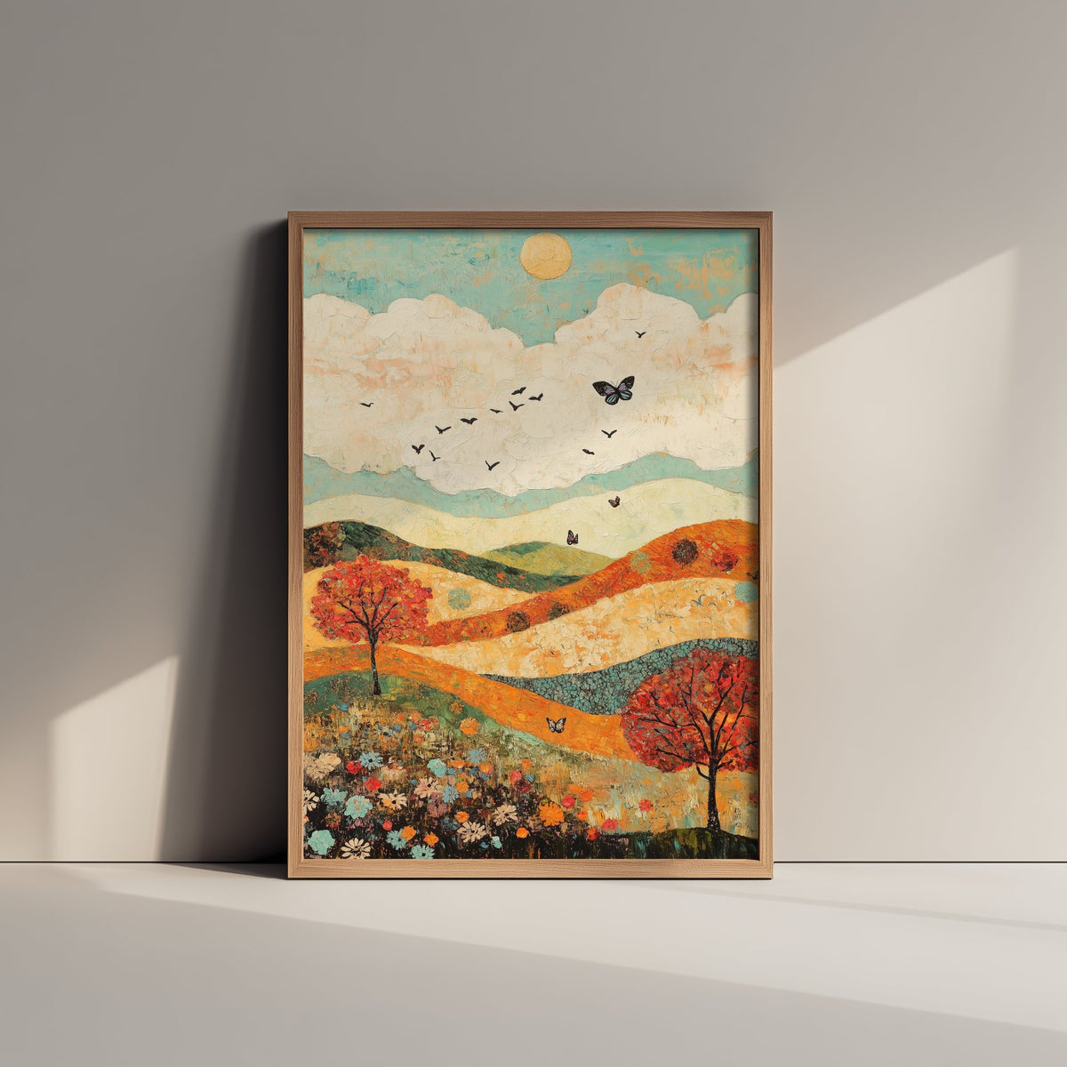 Rolling Hills Landscape Art Print - Butterfly Meadow Poster - Folk Art Painting - Basil Copper and Ice 2/3