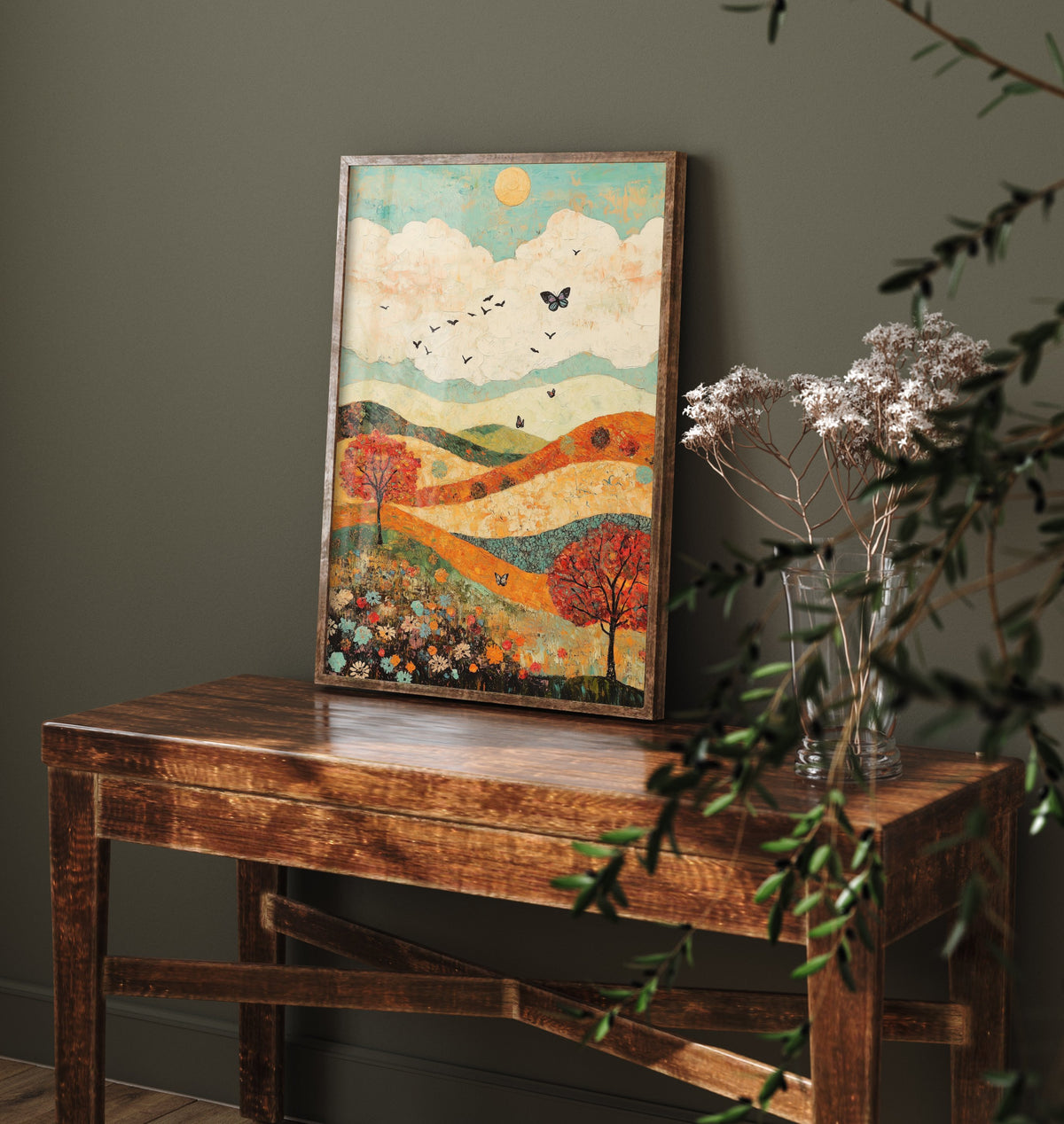 Rolling Hills Landscape Art Print - Butterfly Meadow Poster - Folk Art Painting - Basil Copper and Ice 2/3