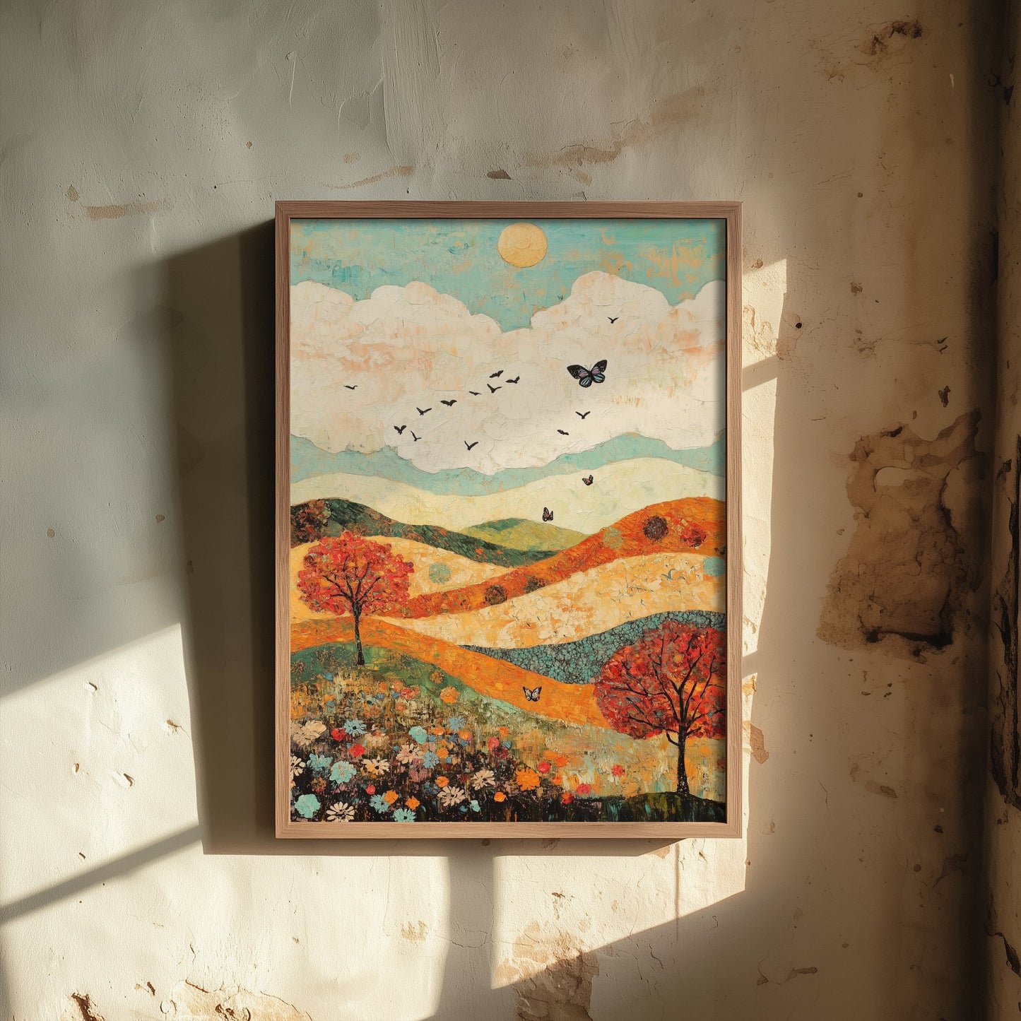 Rolling Hills Landscape Art Print - Butterfly Meadow Poster - Folk Art Painting - Basil Copper and Ice 2/3