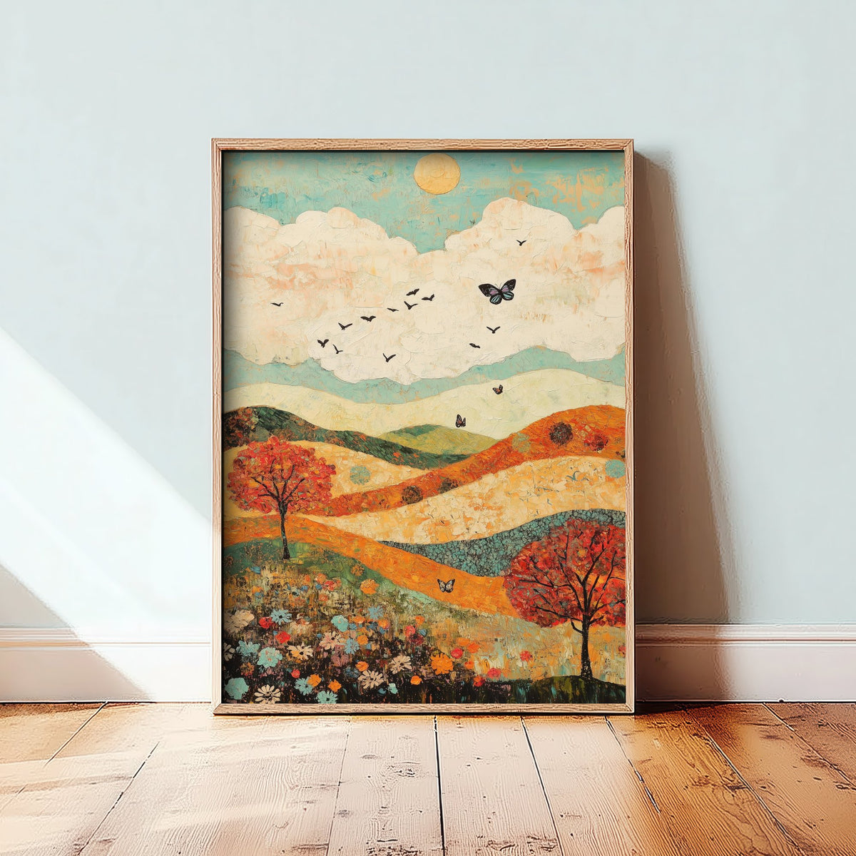 Rolling Hills Landscape Art Print - Butterfly Meadow Poster - Folk Art Painting - Basil Copper and Ice 2/3