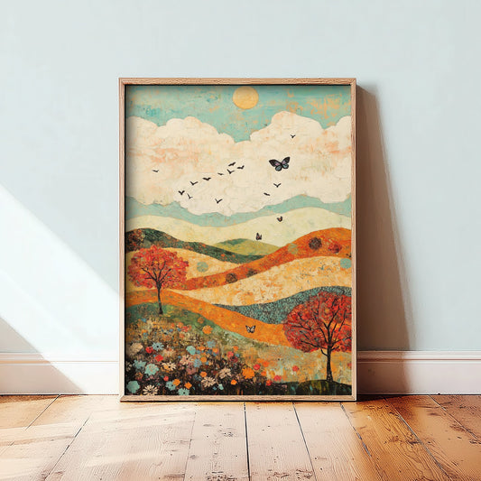 Rolling Hills Landscape Art Print - Butterfly Meadow Poster - Folk Art Painting - Basil Copper and Ice 2/3