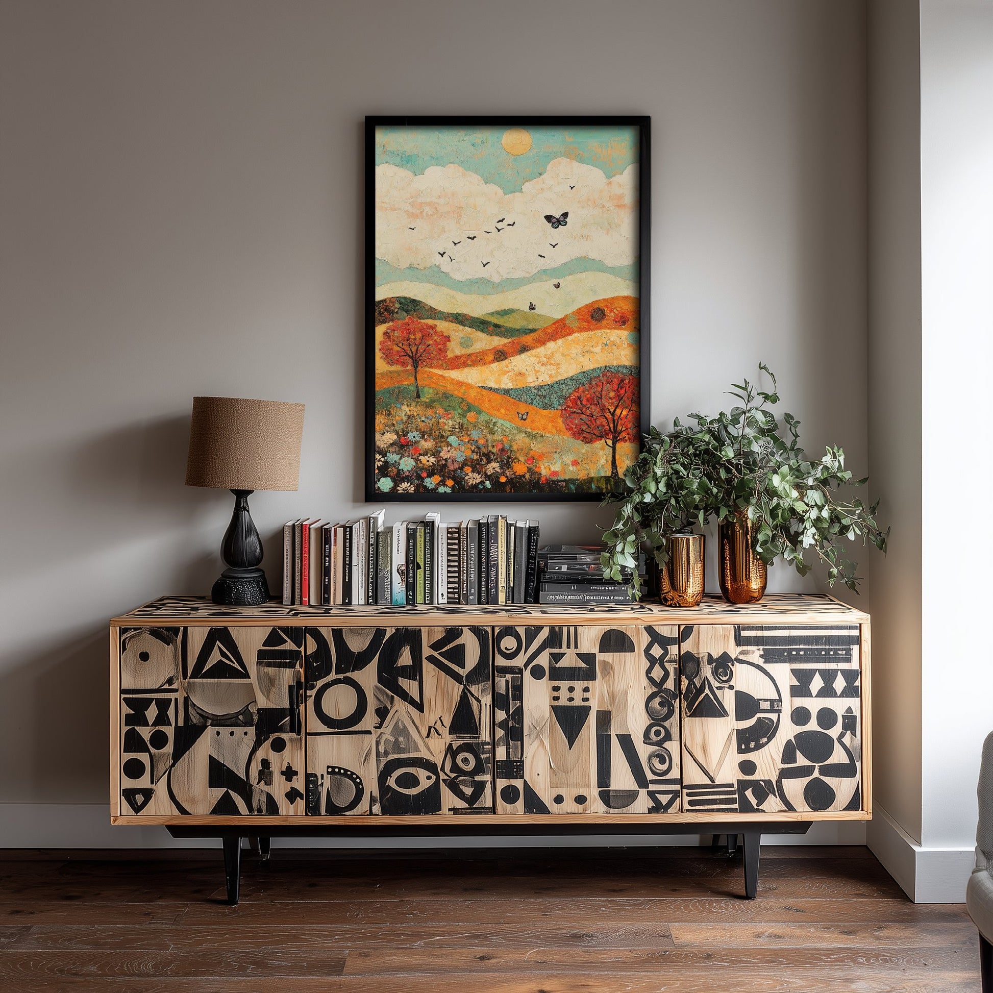 Rolling Hills Landscape Art Print - Butterfly Meadow Poster - Folk Art Painting - Basil Copper and Ice 2/3