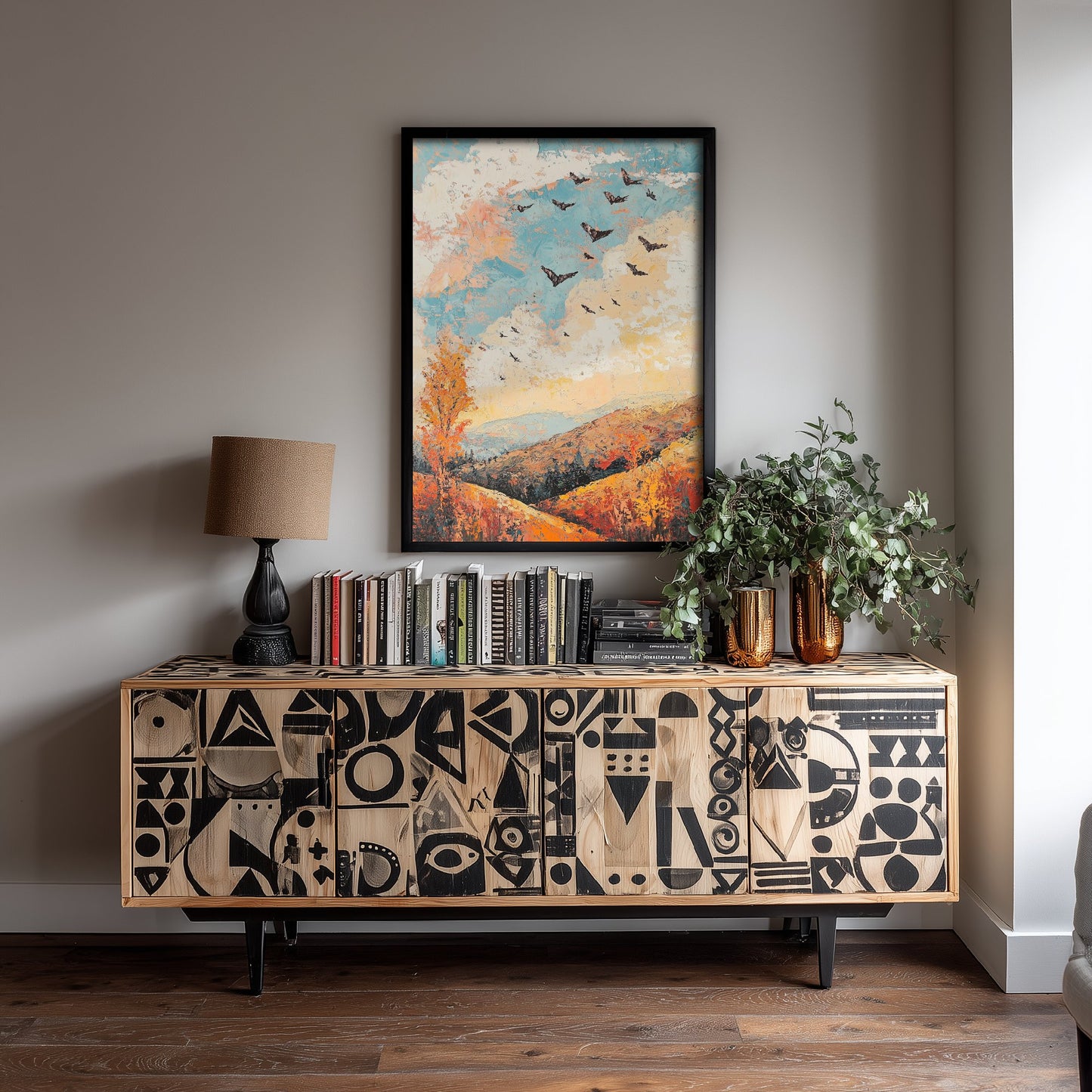 Rolling Hills Landscape Art Print - Butterfly Meadow Poster - Folk Art Painting - Basil Copper and Ice 3/3