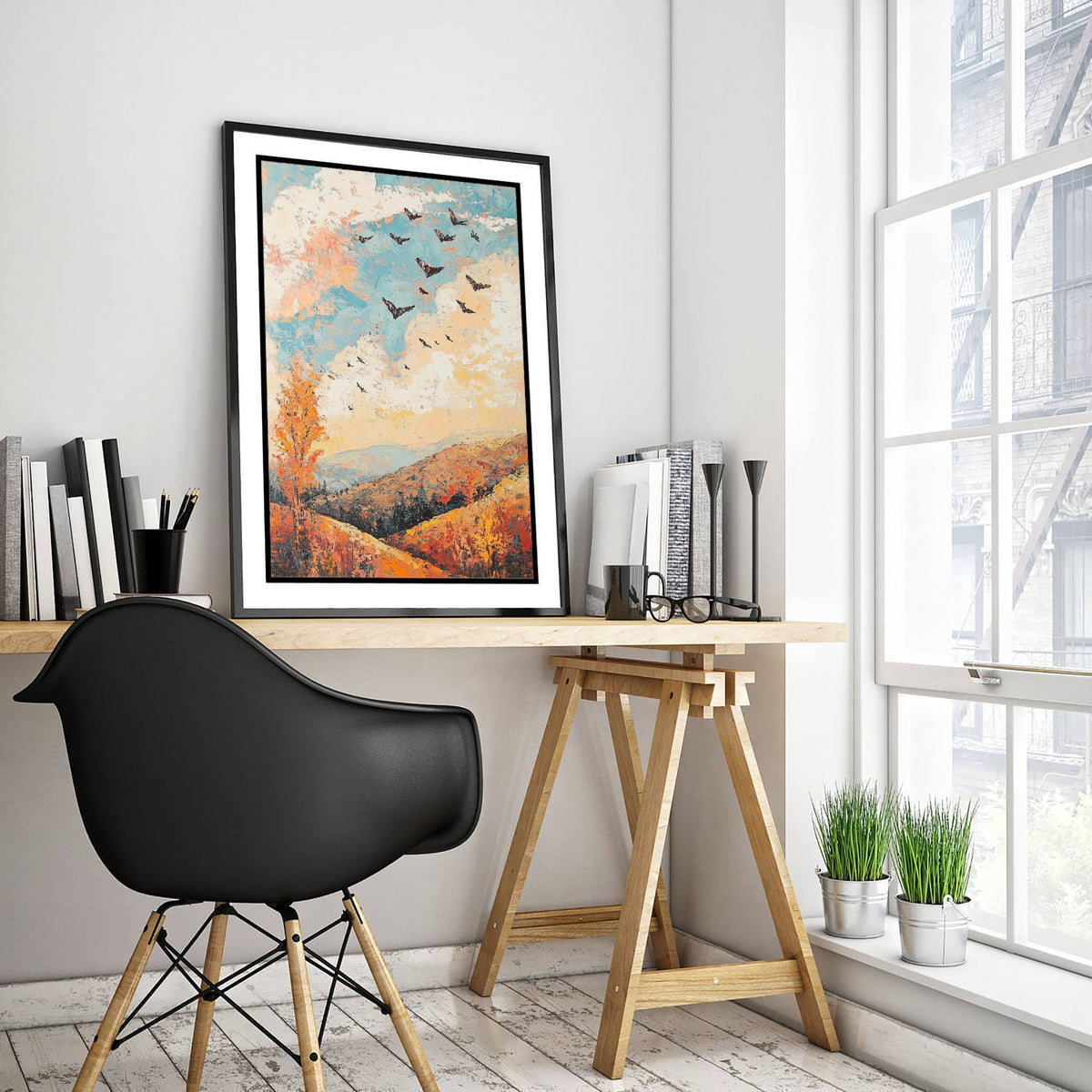 Rolling Hills Landscape Art Print - Butterfly Meadow Poster - Folk Art Painting - Basil Copper and Ice 3/3