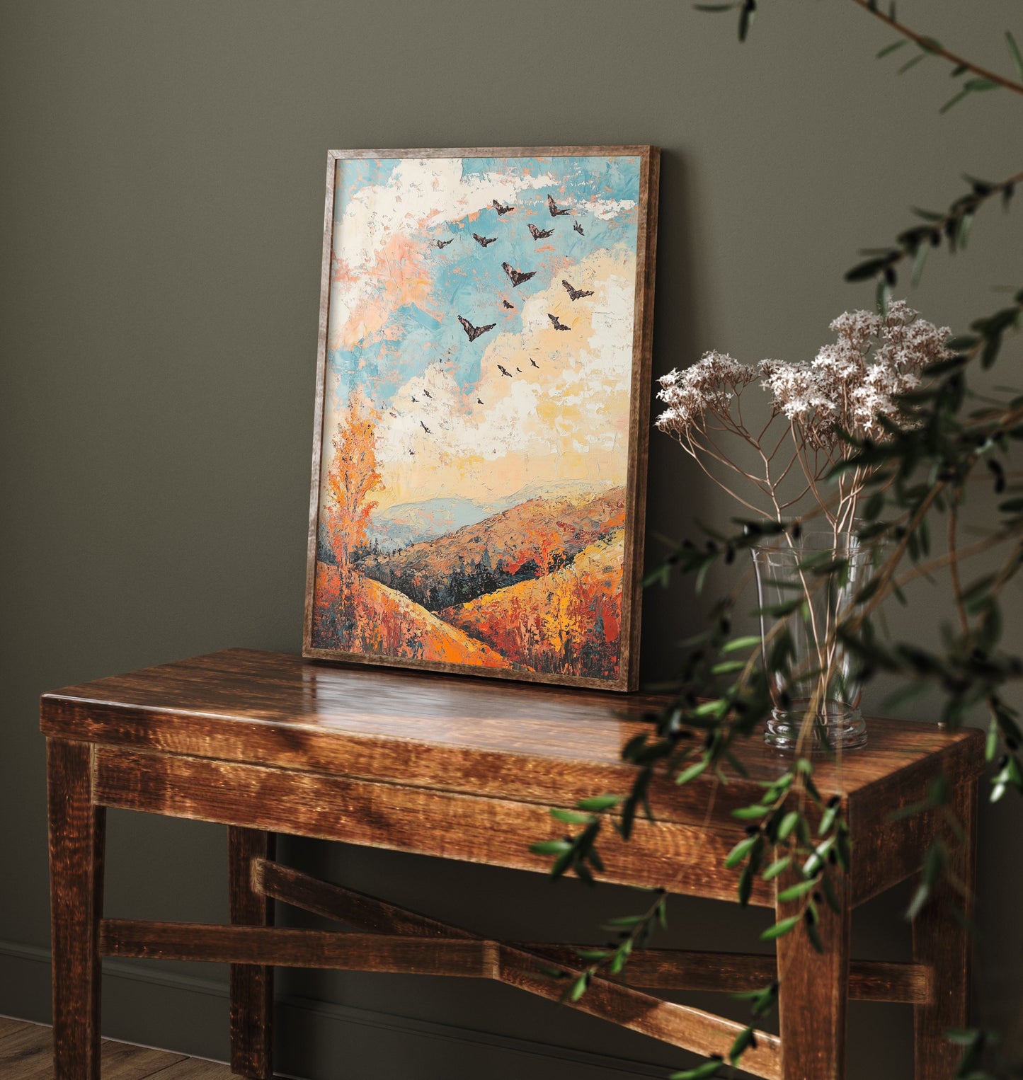 Rolling Hills Landscape Art Print - Butterfly Meadow Poster - Folk Art Painting - Basil Copper and Ice 3/3