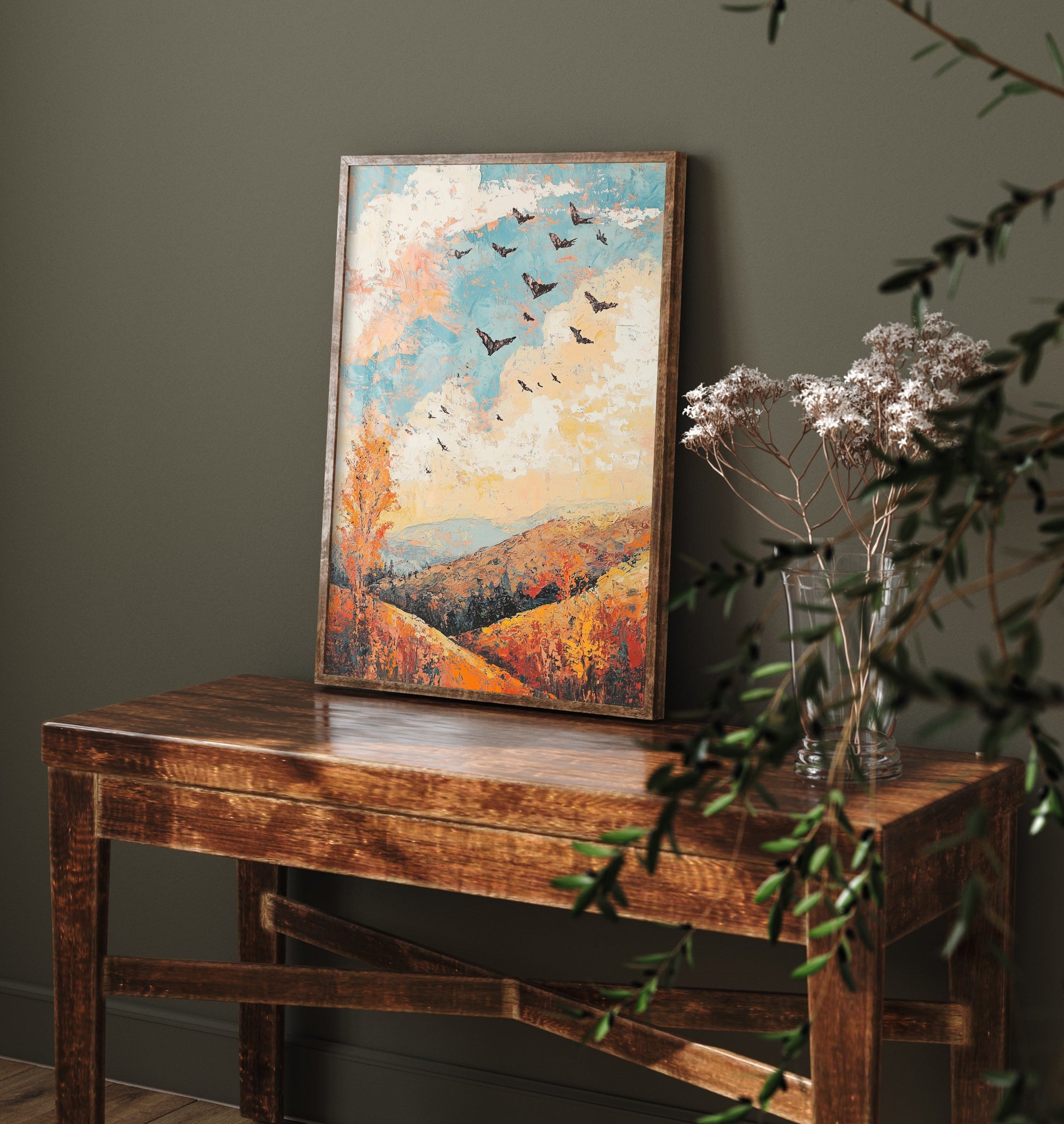 Rolling Hills Landscape Art Print - Butterfly Meadow Poster - Folk Art Painting - Basil Copper and Ice 3/3