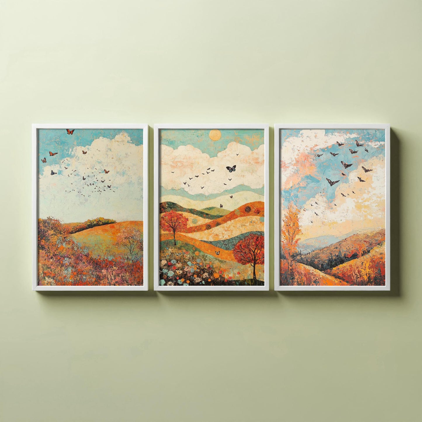 Rolling Hills Butterfly Set of Three Art Prints - Basil Copper and Ice - Folk Meadow Poster Illustration Gift