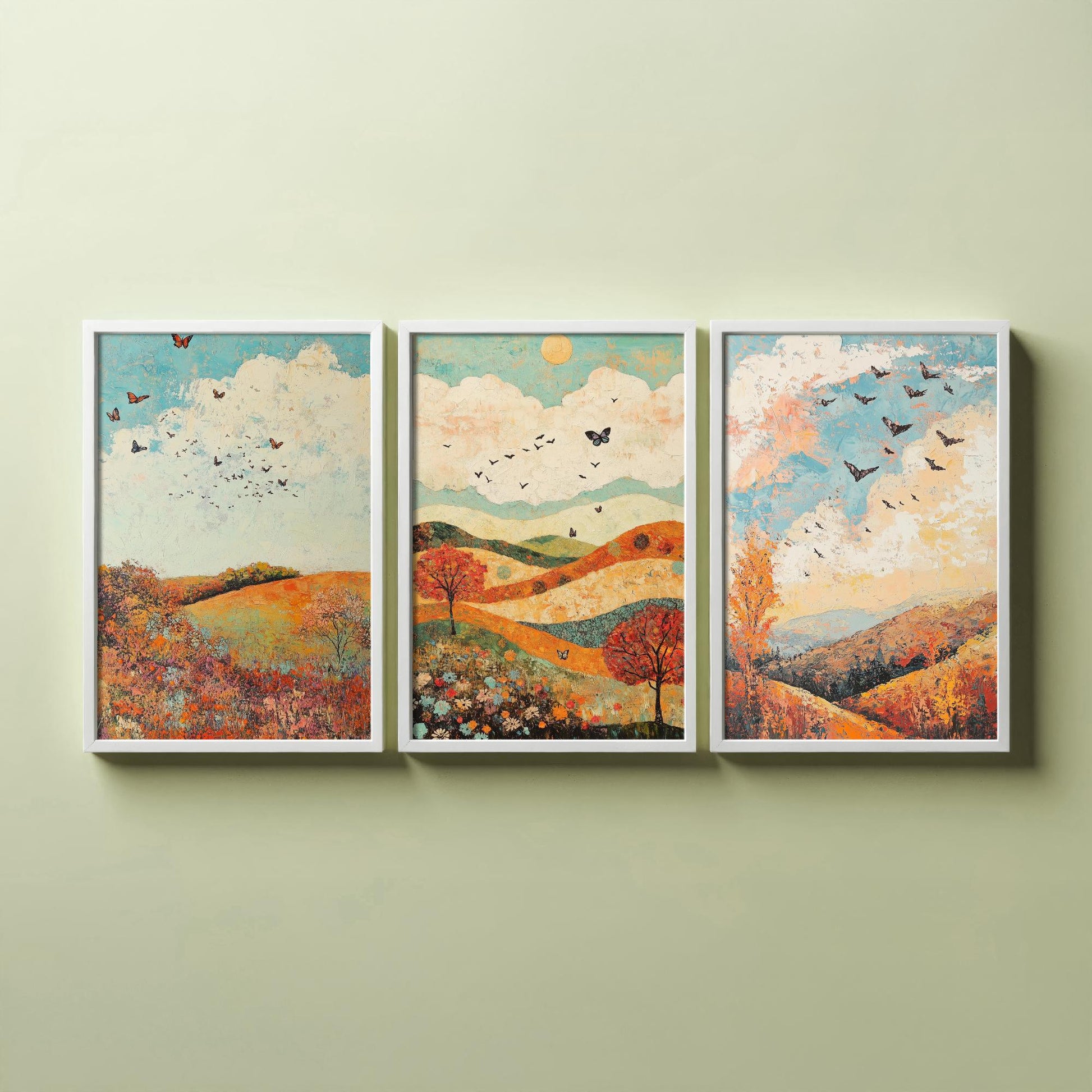 Rolling Hills Butterfly Set of Three Art Prints - Basil Copper and Ice - Folk Meadow Poster Illustration Gift