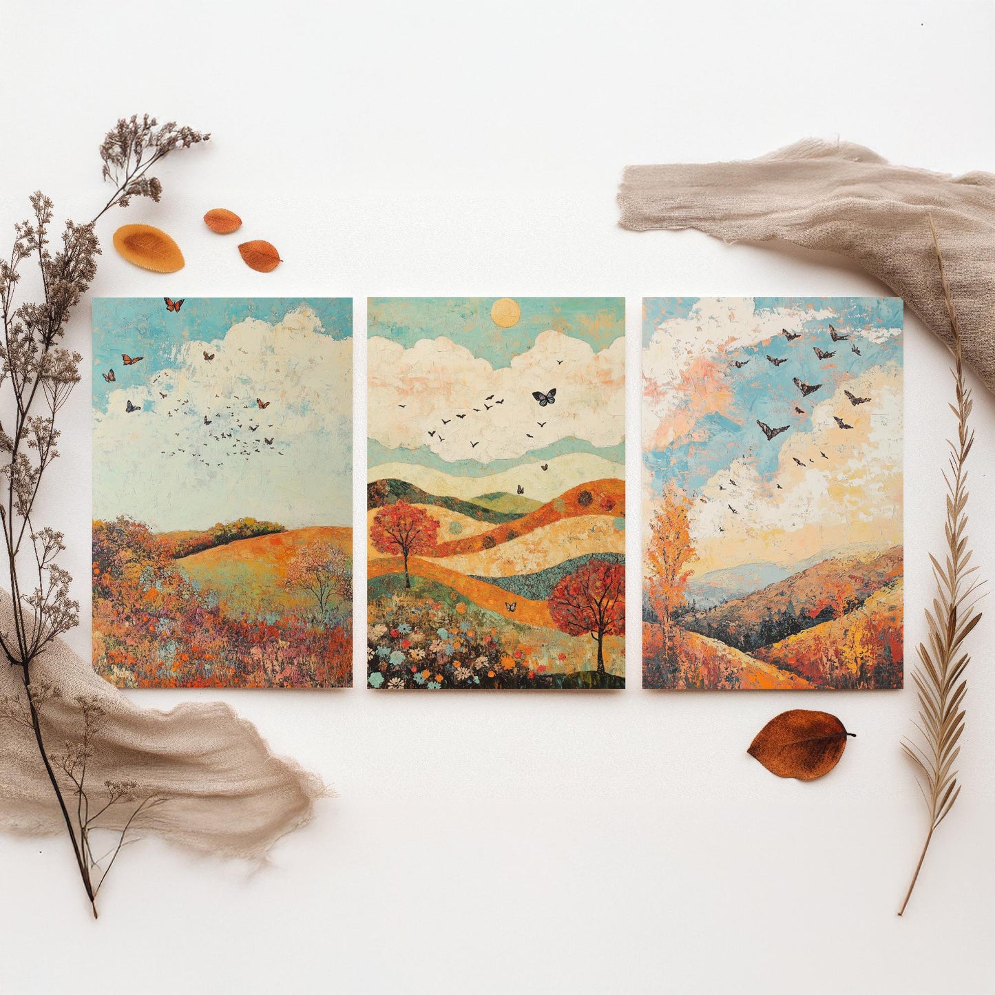 Rolling Hills Butterfly Set of Three Art Prints - Basil Copper and Ice - Folk Meadow Poster Illustration Gift
