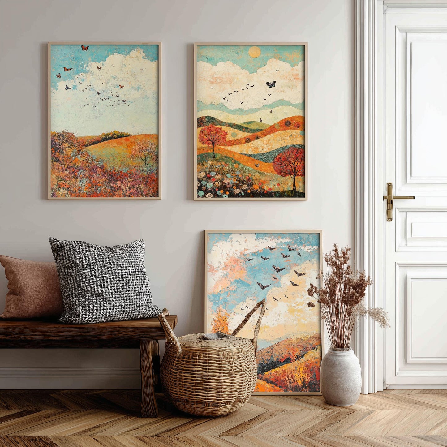 Rolling Hills Butterfly Set of Three Art Prints - Basil Copper and Ice - Folk Meadow Poster Illustration Gift