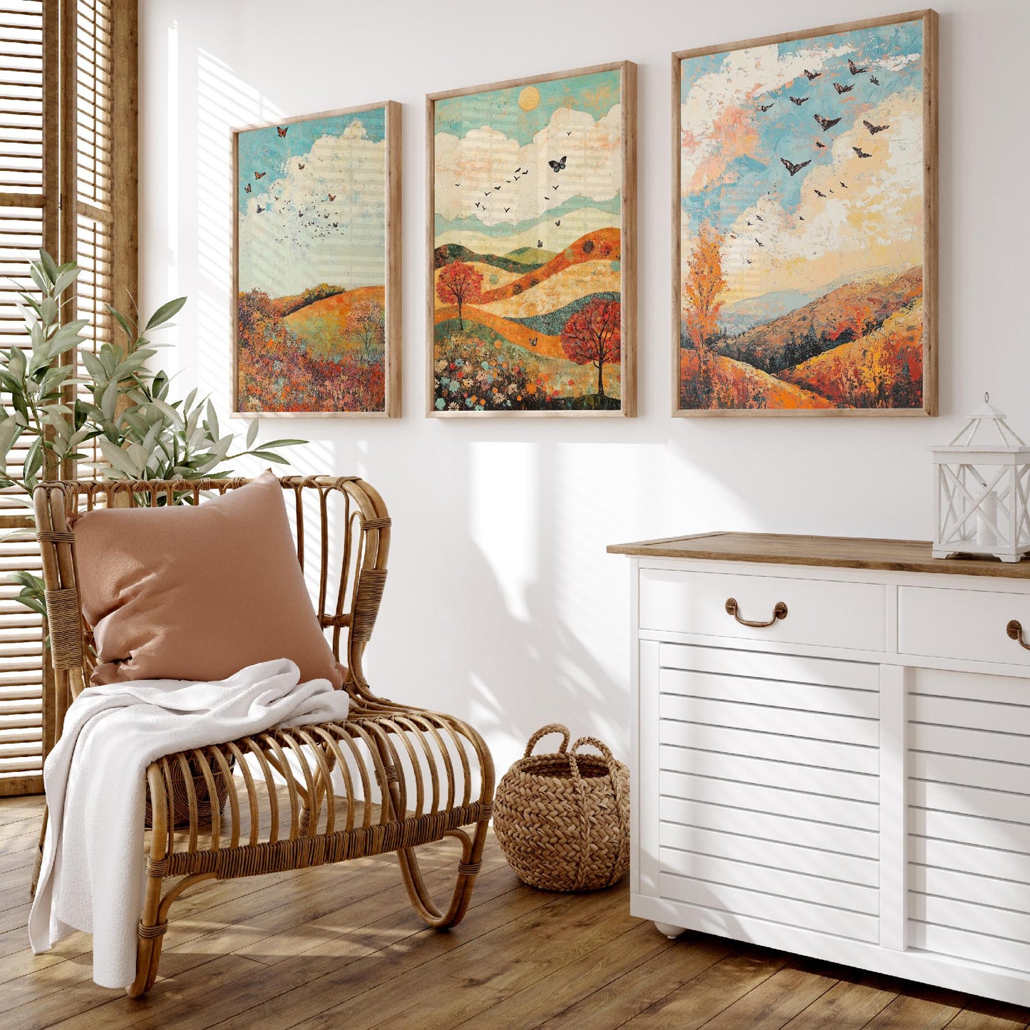 Rolling Hills Butterfly Set of Three Art Prints - Basil Copper and Ice - Folk Meadow Poster Illustration Gift
