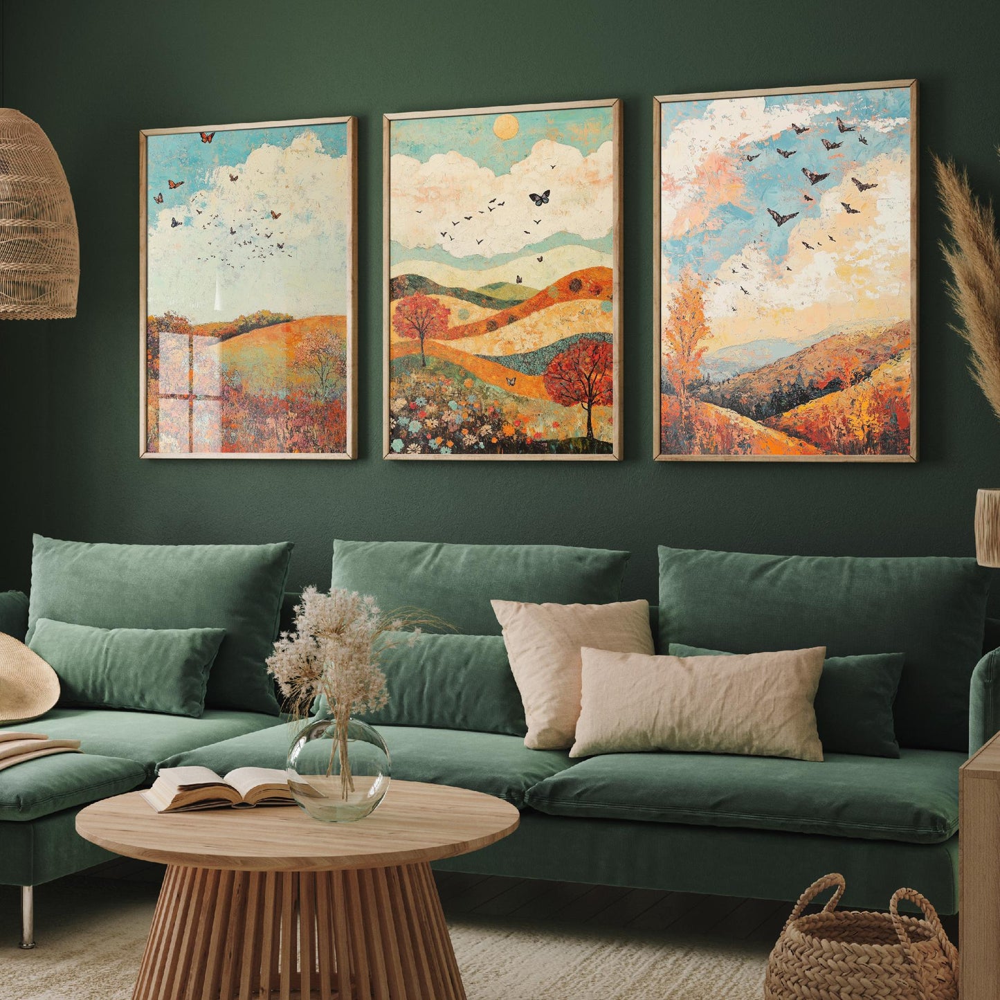 Rolling Hills Butterfly Set of Three Art Prints - Basil Copper and Ice - Folk Meadow Poster Illustration Gift