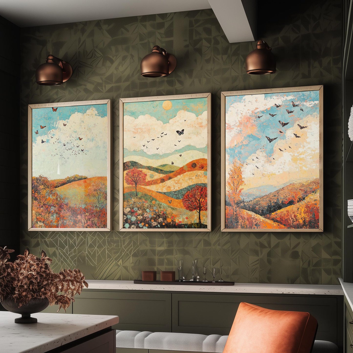 Rolling Hills Butterfly Set of Three Art Prints - Basil Copper and Ice - Folk Meadow Poster Illustration Gift