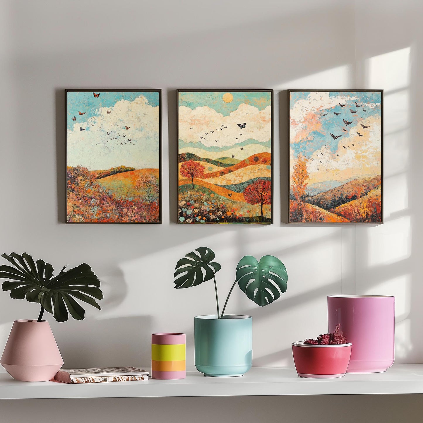 Rolling Hills Butterfly Set of Three Art Prints - Basil Copper and Ice - Folk Meadow Poster Illustration Gift
