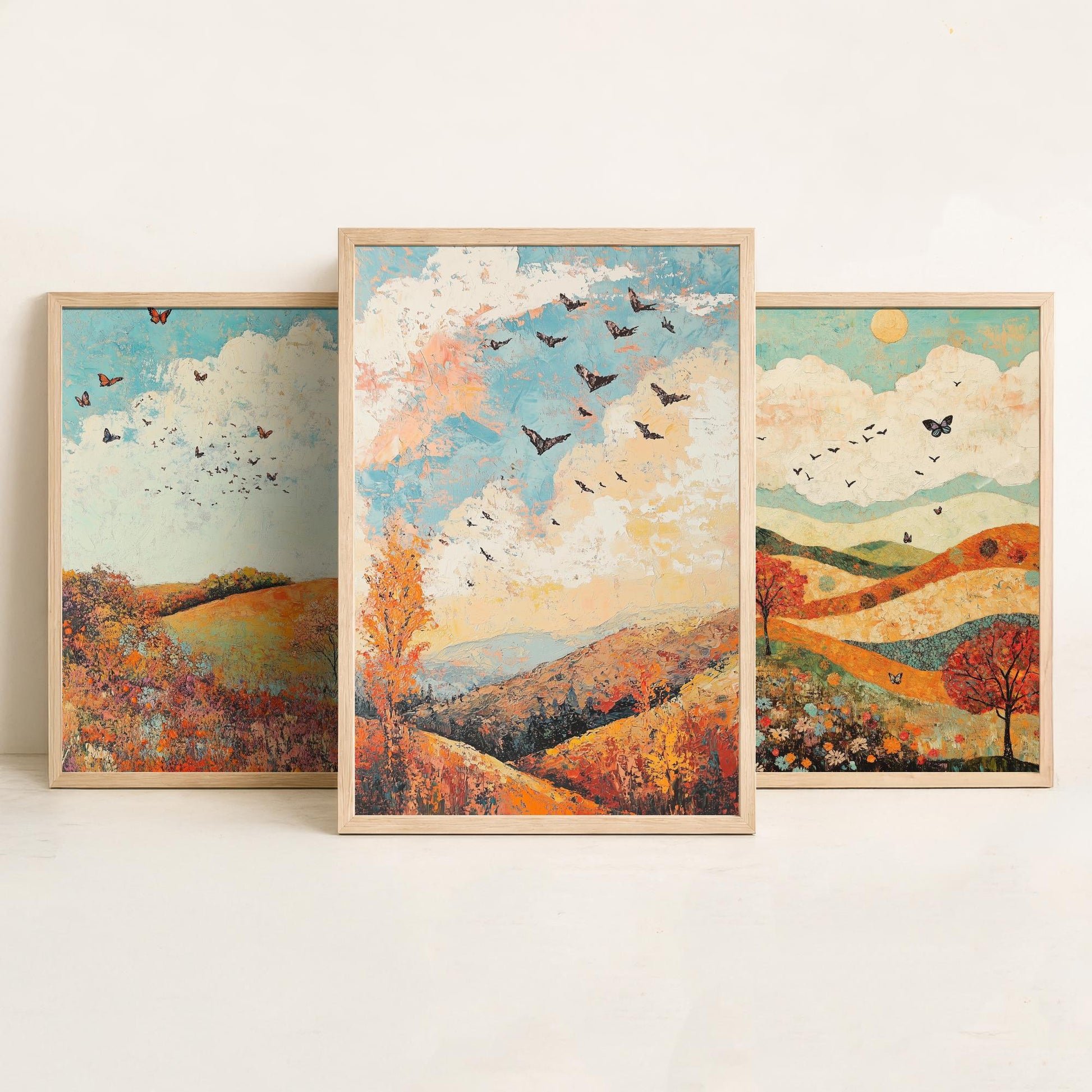 Rolling Hills Butterfly Set of Three Art Prints - Basil Copper and Ice - Folk Meadow Poster Illustration Gift