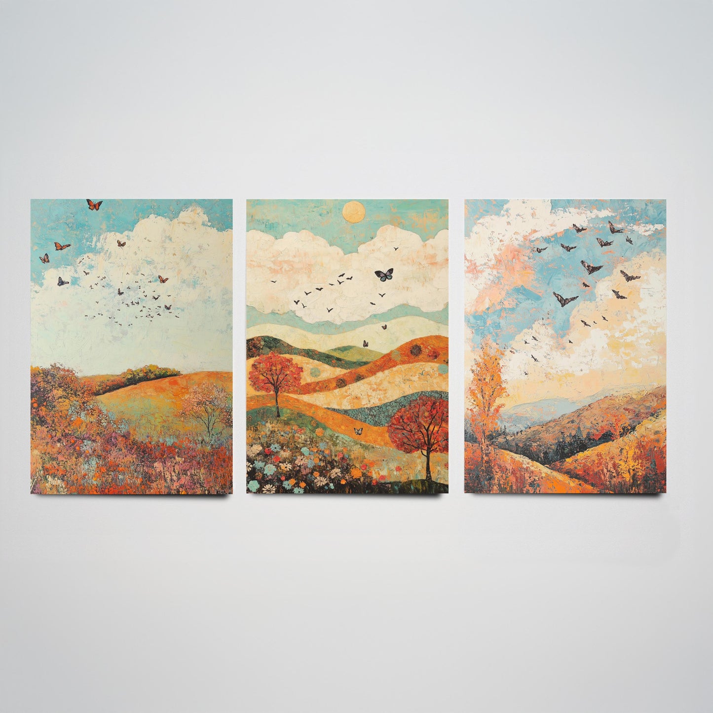Rolling Hills Butterfly Set of Three Art Prints - Basil Copper and Ice - Folk Meadow Poster Illustration Gift
