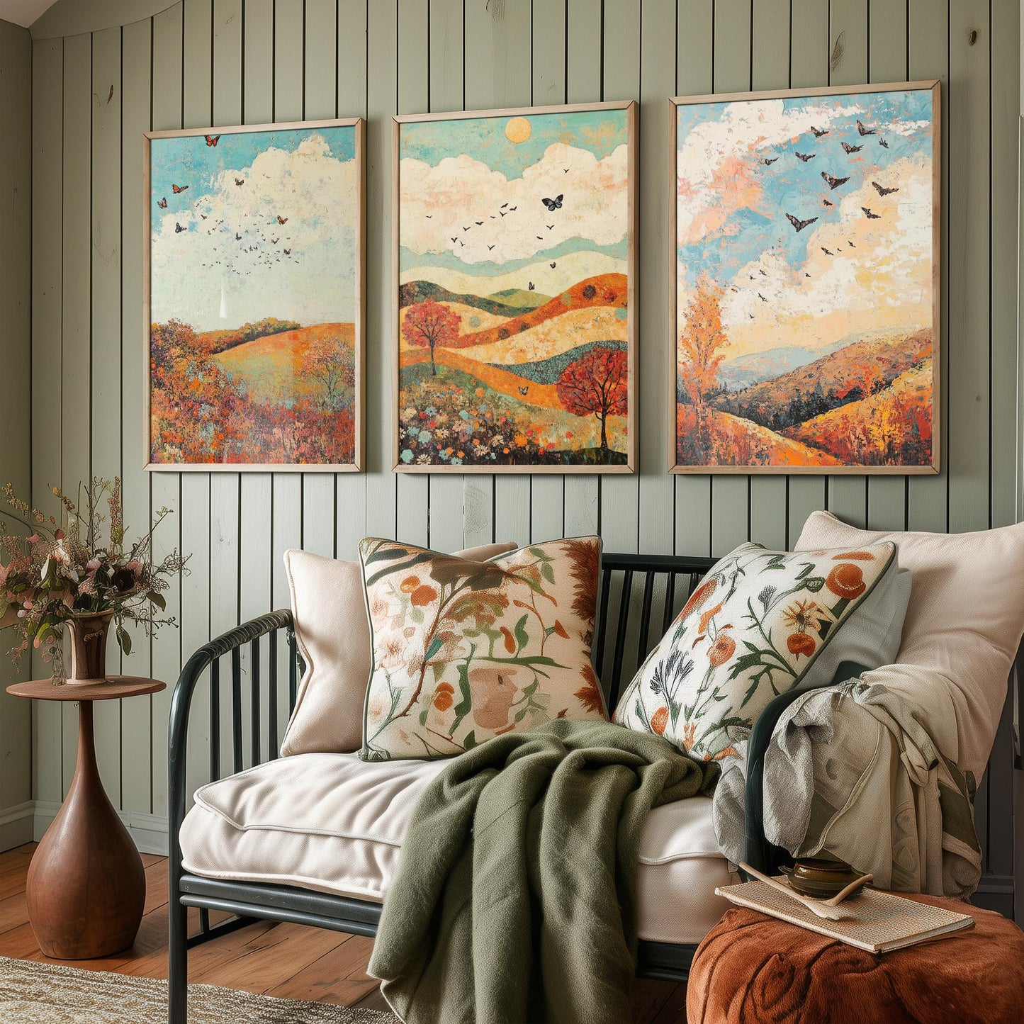 Rolling Hills Butterfly Set of Three Art Prints - Basil Copper and Ice - Folk Meadow Poster Illustration Gift