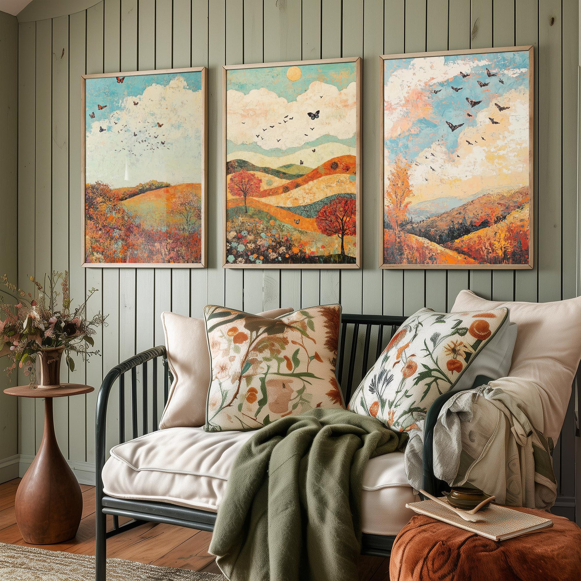 Rolling Hills Butterfly Set of Three Art Prints - Basil Copper and Ice - Folk Meadow Poster Illustration Gift