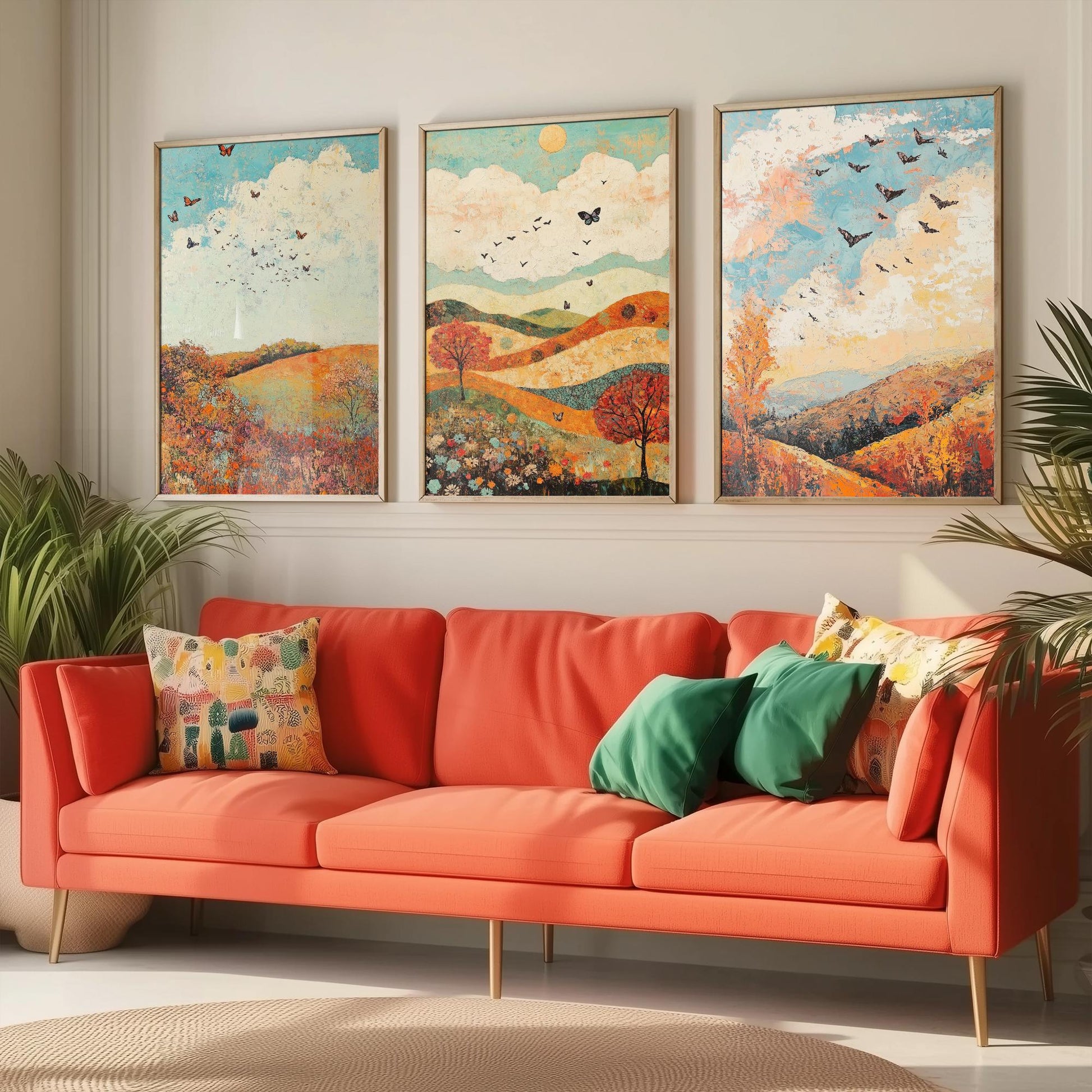 Rolling Hills Butterfly Set of Three Art Prints - Basil Copper and Ice - Folk Meadow Poster Illustration Gift