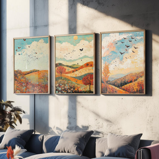 Rolling Hills Butterfly Set of Three Art Prints - Basil Copper and Ice - Folk Meadow Poster Illustration Gift