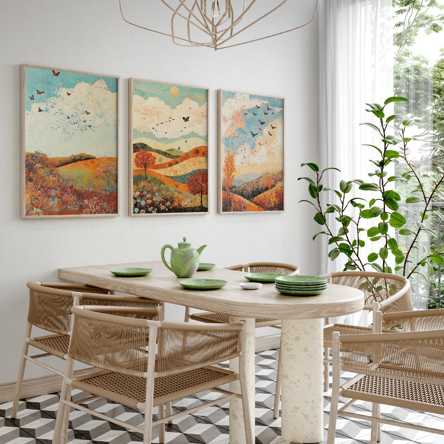 Rolling Hills Butterfly Set of Three Art Prints - Basil Copper and Ice - Folk Meadow Poster Illustration Gift