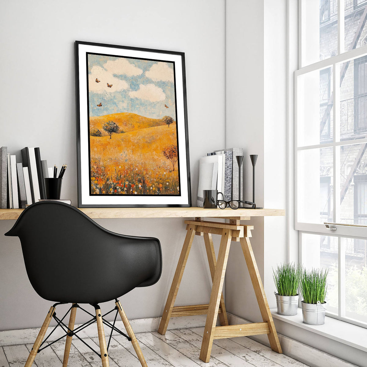 Rolling Hills Landscape Art Print - Butterfly Meadow Poster - Folk Art Painting - Beryl Gold and Cloud 1/3