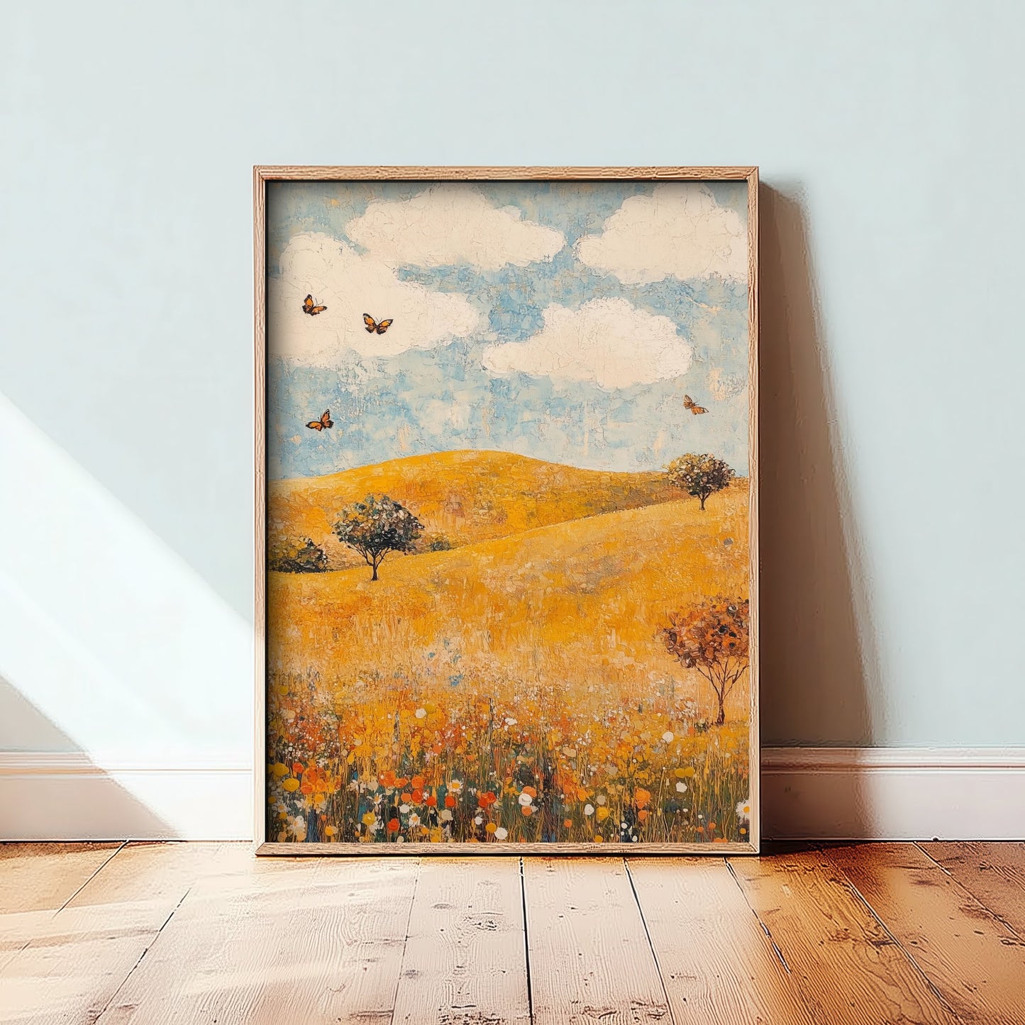 Rolling Hills Landscape Art Print - Butterfly Meadow Poster - Folk Art Painting - Beryl Gold and Cloud 1/3