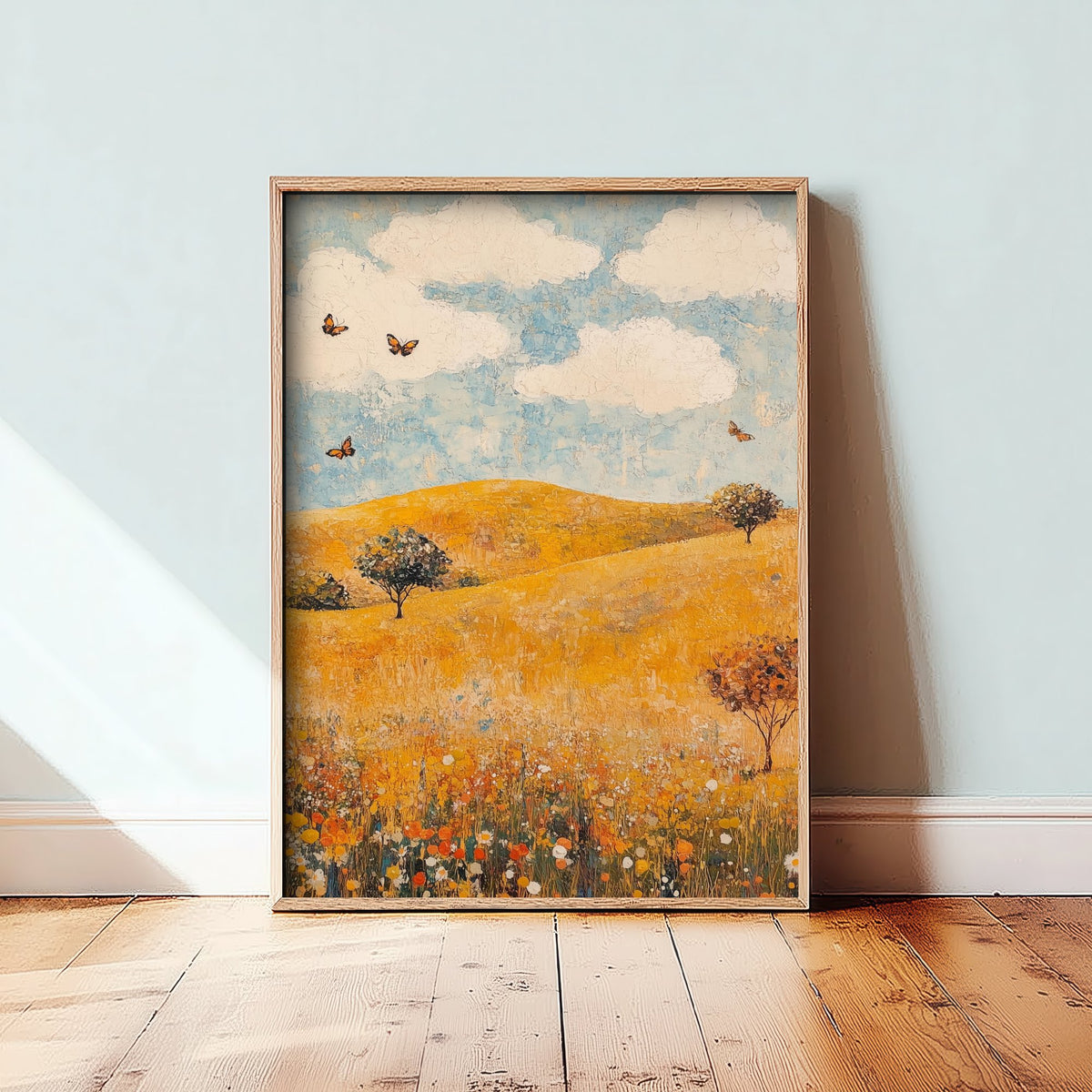 Rolling Hills Landscape Art Print - Butterfly Meadow Poster - Folk Art Painting - Beryl Gold and Cloud 1/3