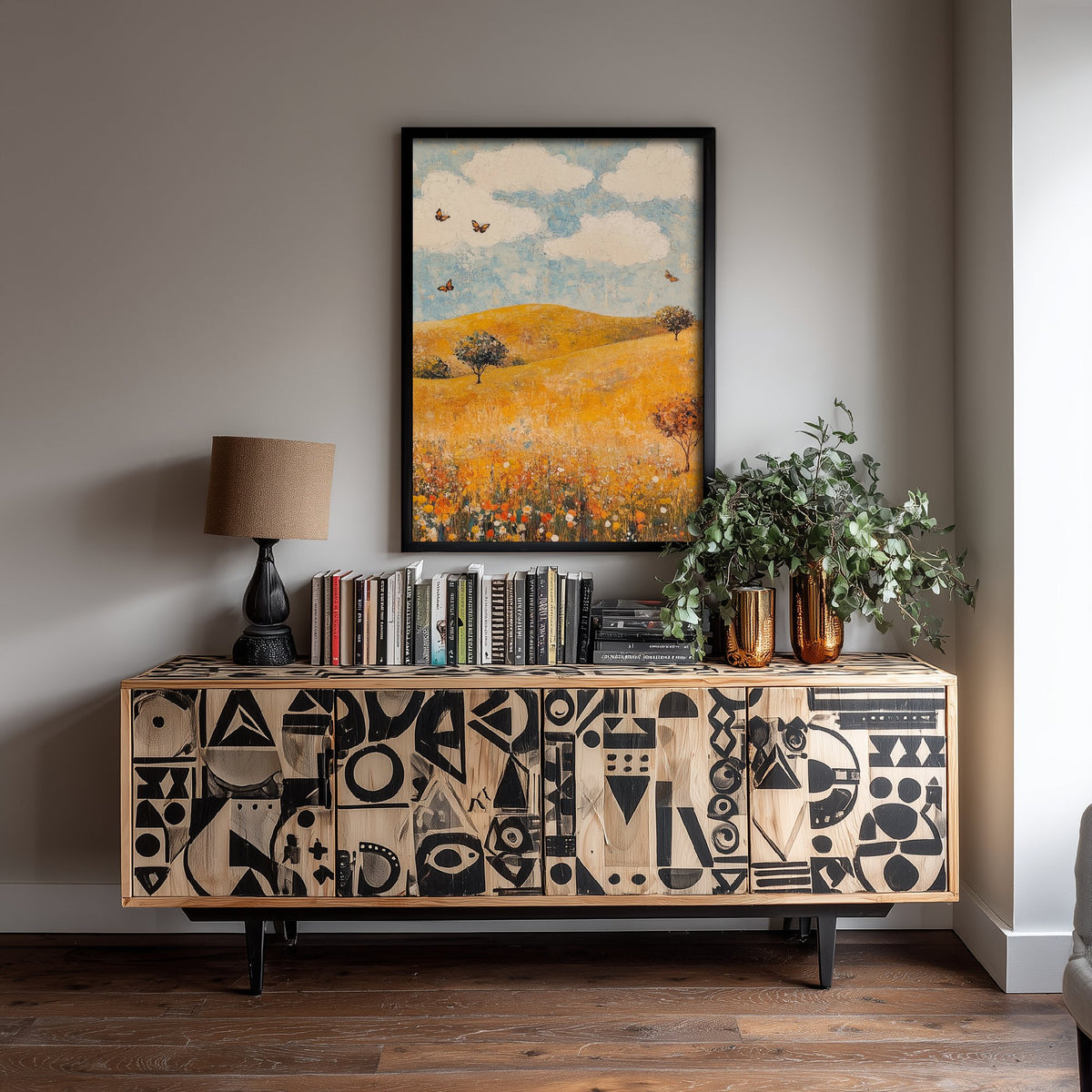 Rolling Hills Landscape Art Print - Butterfly Meadow Poster - Folk Art Painting - Beryl Gold and Cloud 1/3