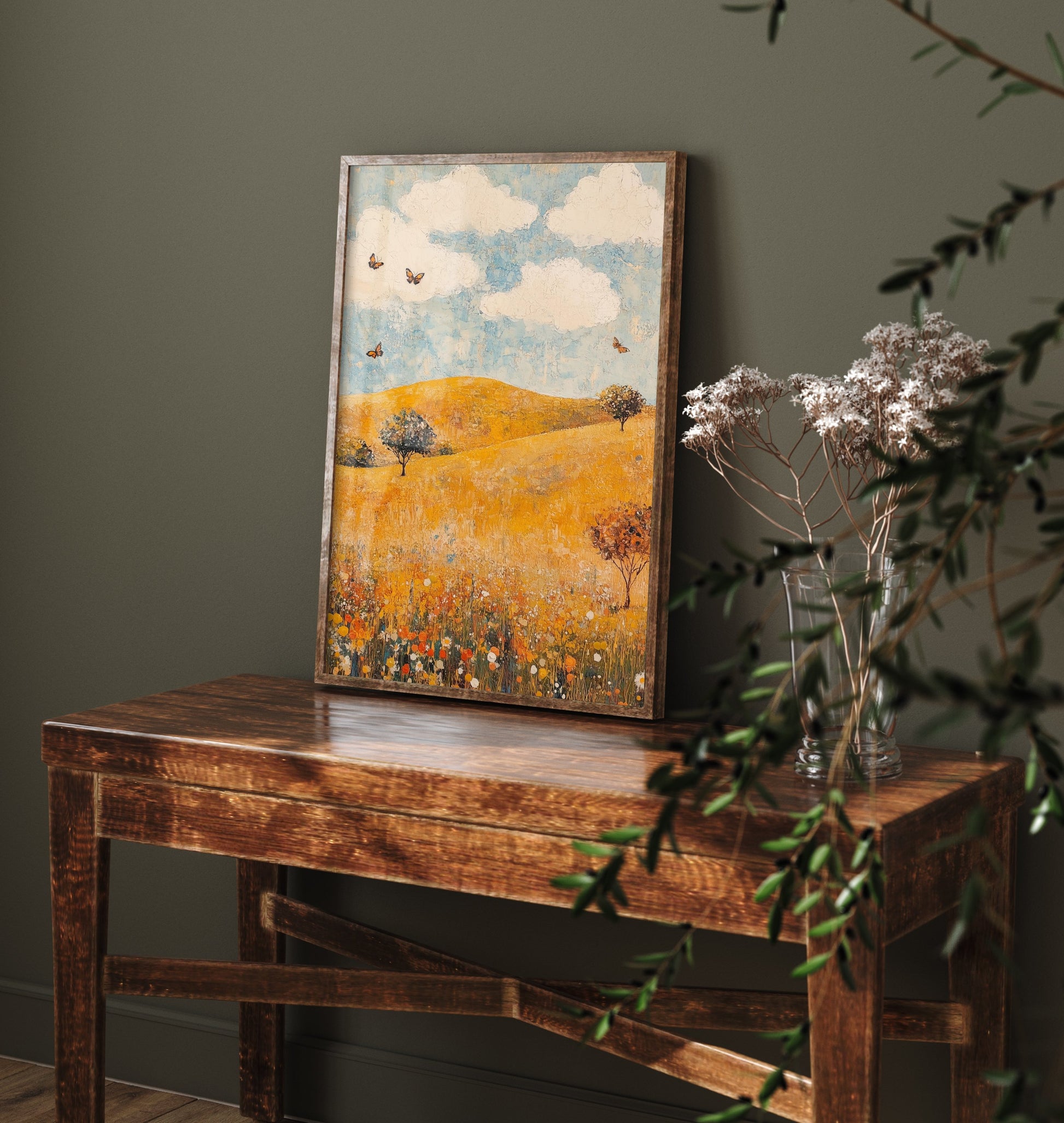 Rolling Hills Landscape Art Print - Butterfly Meadow Poster - Folk Art Painting - Beryl Gold and Cloud 1/3