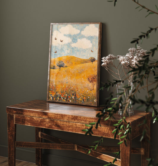 Rolling Hills Landscape Art Print - Butterfly Meadow Poster - Folk Art Painting - Beryl Gold and Cloud 1/3