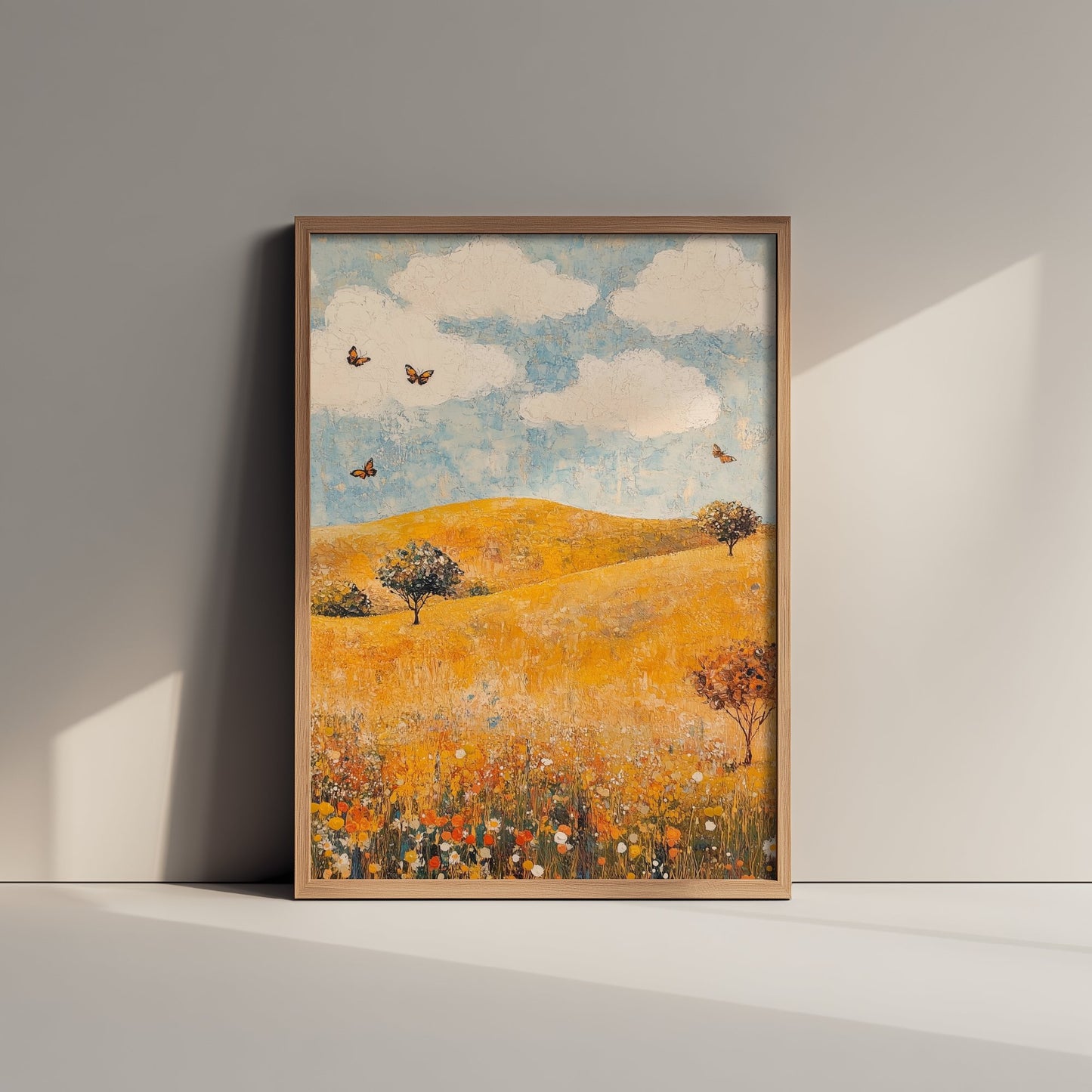 Rolling Hills Landscape Art Print - Butterfly Meadow Poster - Folk Art Painting - Beryl Gold and Cloud 1/3
