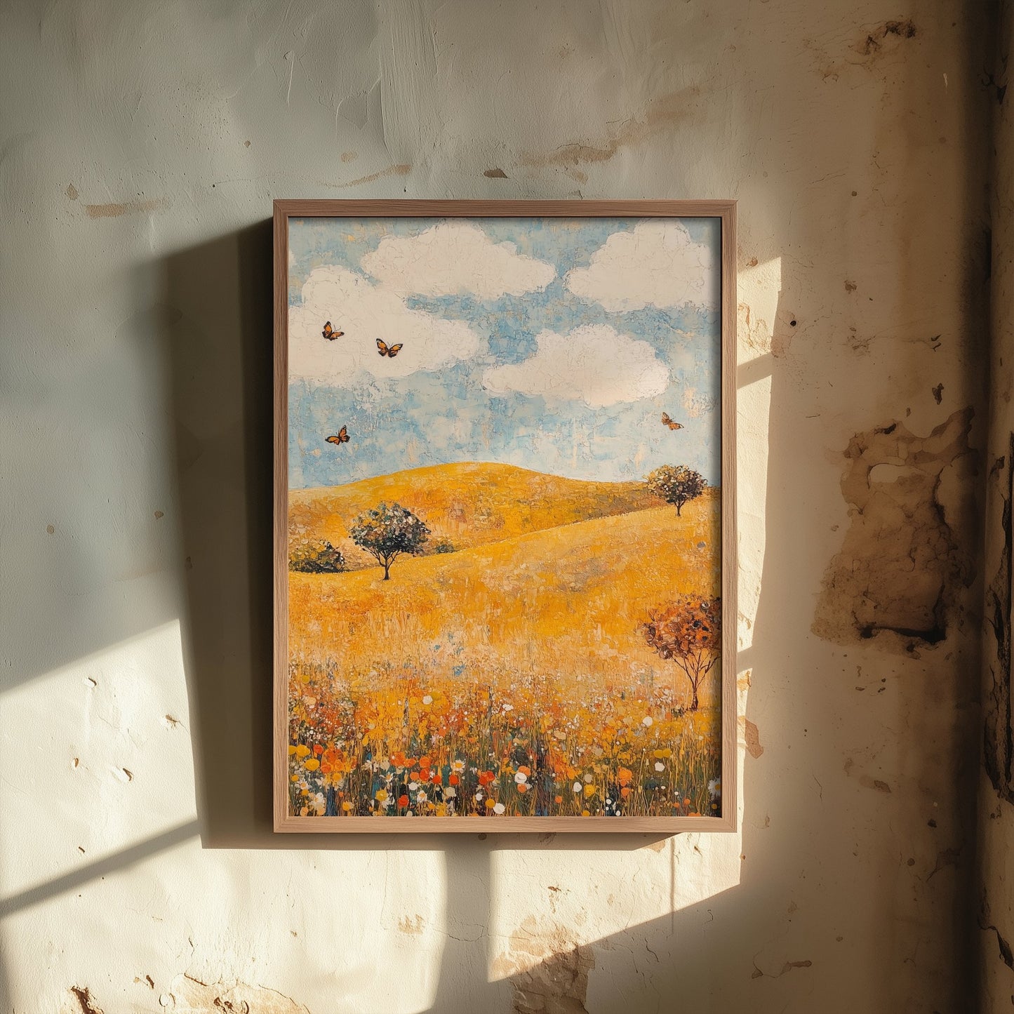 Rolling Hills Landscape Art Print - Butterfly Meadow Poster - Folk Art Painting - Beryl Gold and Cloud 1/3