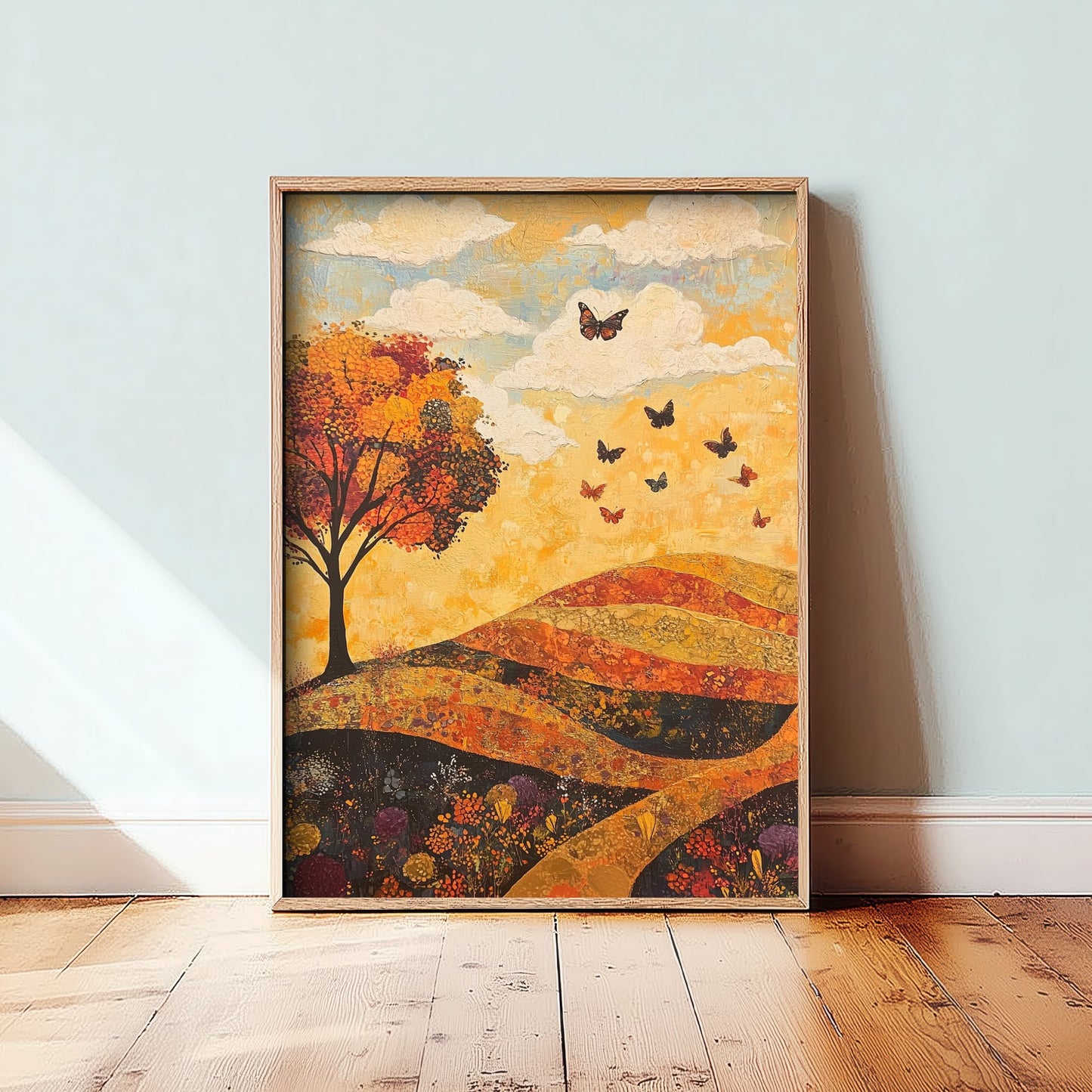 Rolling Hills Landscape Art Print - Butterfly Meadow Poster - Folk Art Painting - Beryl Gold and Cloud 2/3