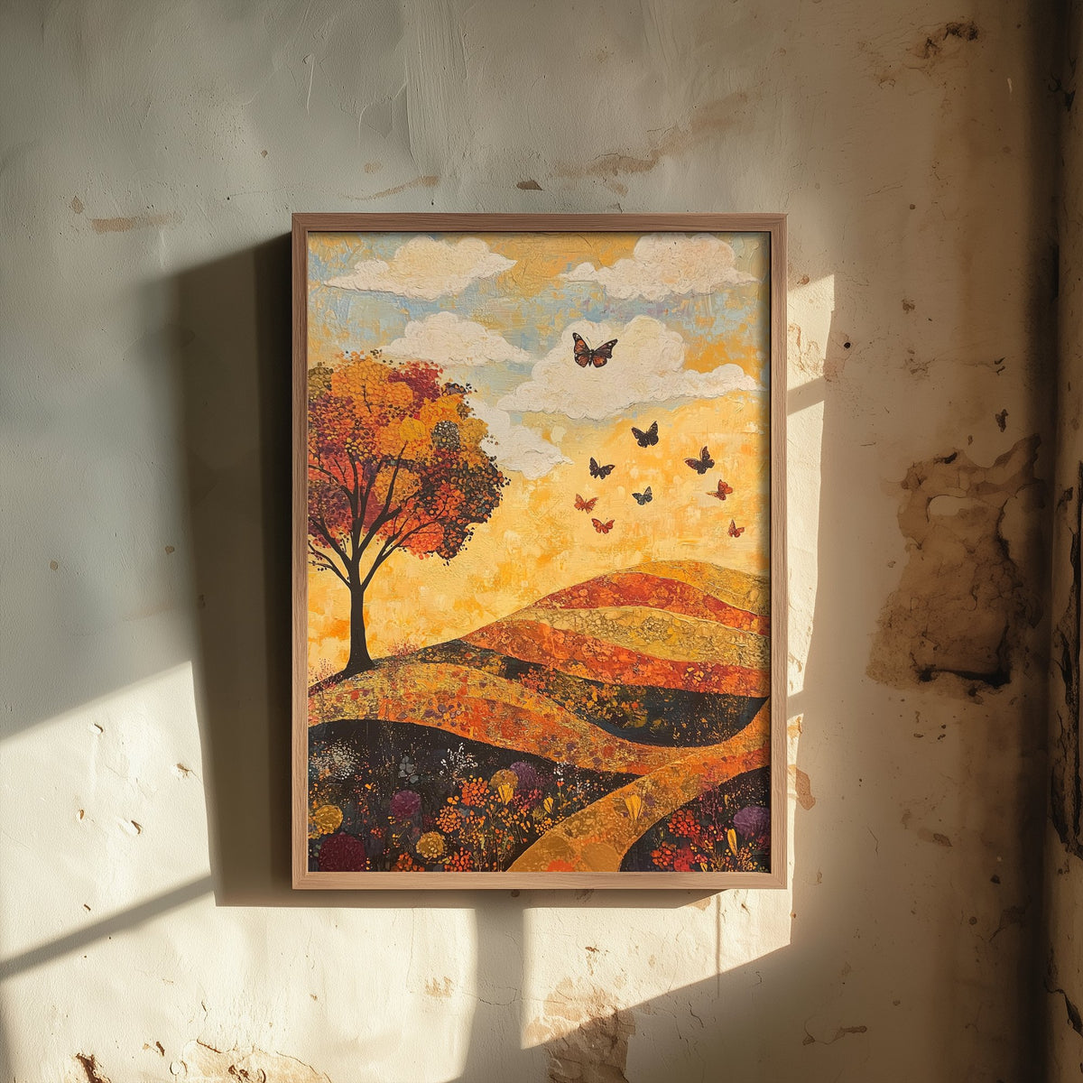 Rolling Hills Landscape Art Print - Butterfly Meadow Poster - Folk Art Painting - Beryl Gold and Cloud 2/3