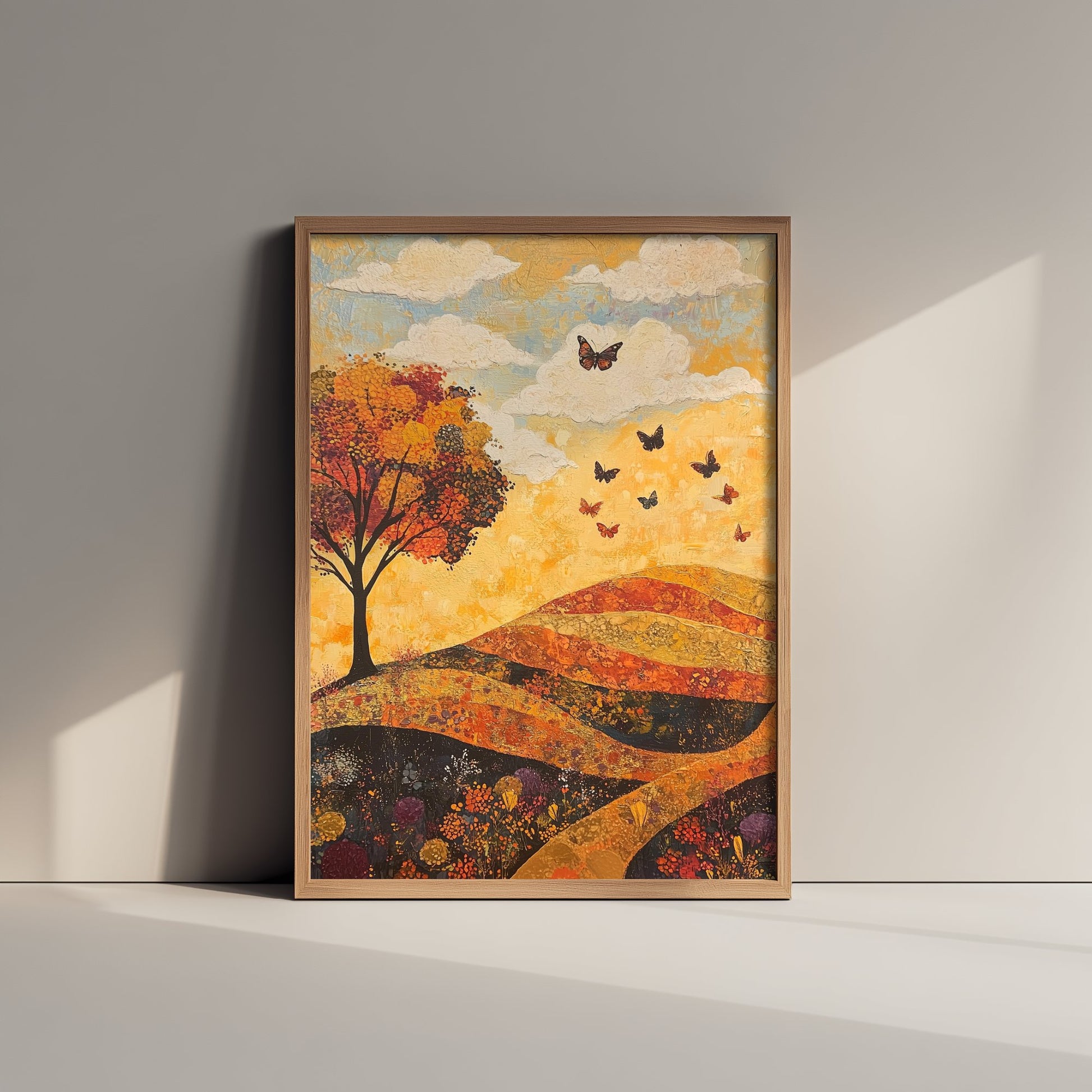 Rolling Hills Landscape Art Print - Butterfly Meadow Poster - Folk Art Painting - Beryl Gold and Cloud 2/3