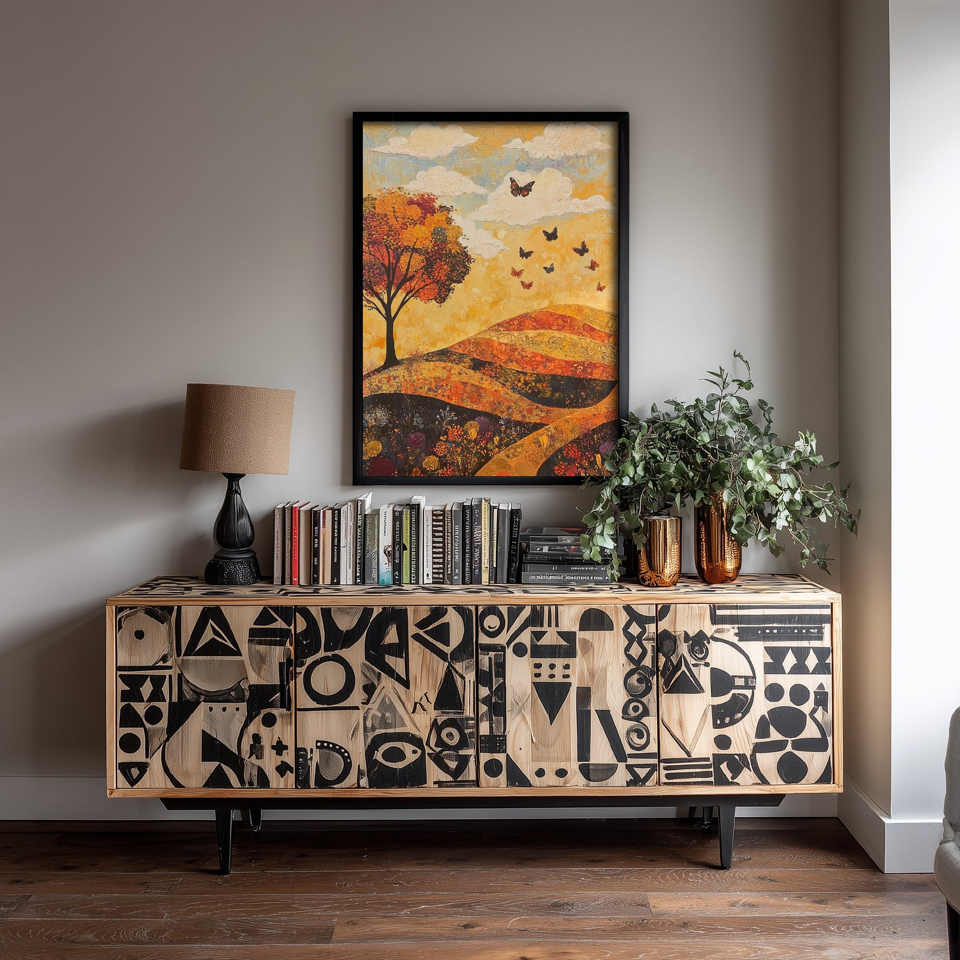 Rolling Hills Landscape Art Print - Butterfly Meadow Poster - Folk Art Painting - Beryl Gold and Cloud 2/3