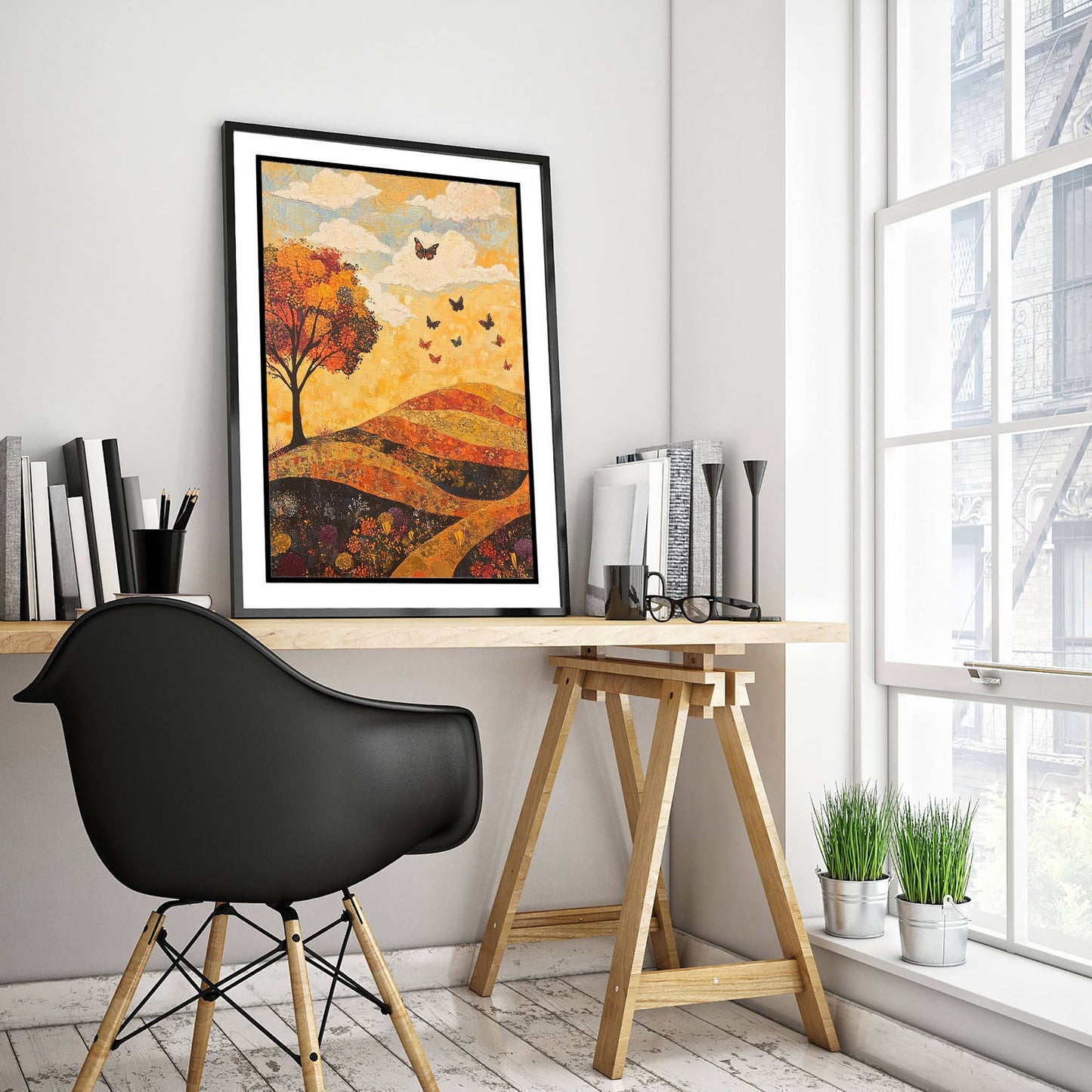 Rolling Hills Landscape Art Print - Butterfly Meadow Poster - Folk Art Painting - Beryl Gold and Cloud 2/3