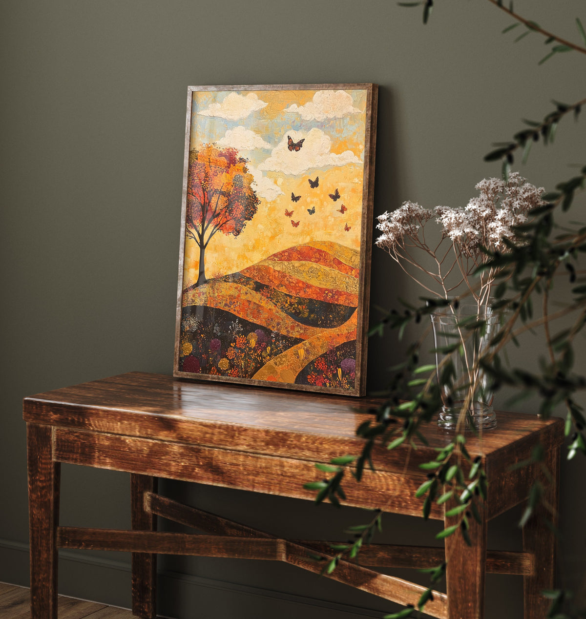 Rolling Hills Landscape Art Print - Butterfly Meadow Poster - Folk Art Painting - Beryl Gold and Cloud 2/3