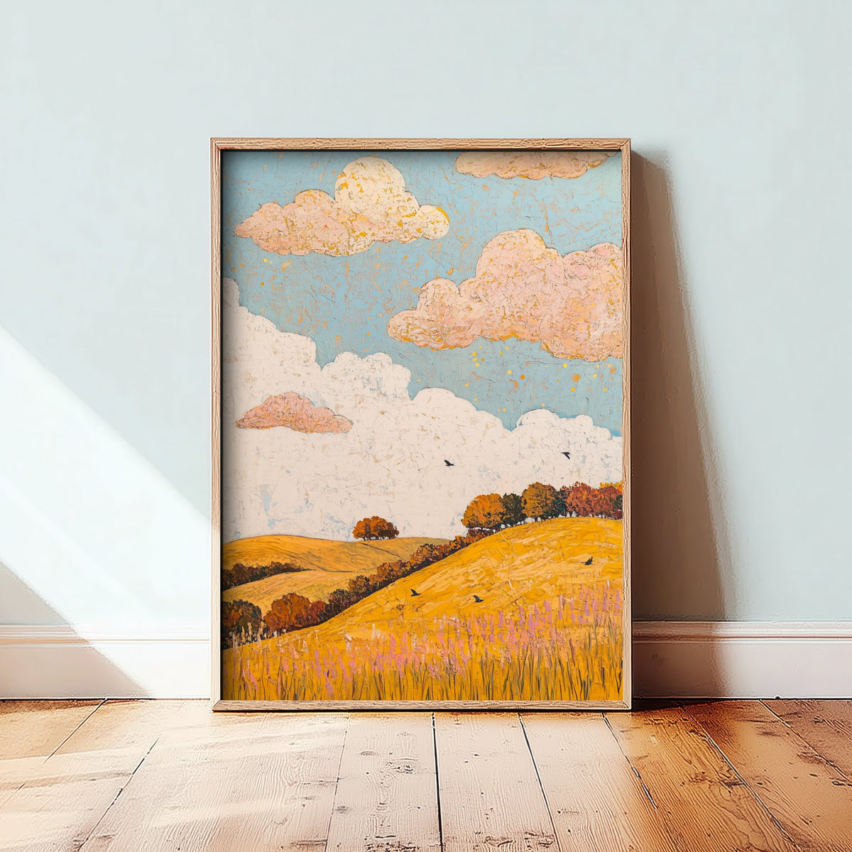 Rolling Hills Landscape Art Print - Butterfly Meadow Poster - Folk Art Painting - Beryl Gold and Cloud 3/3